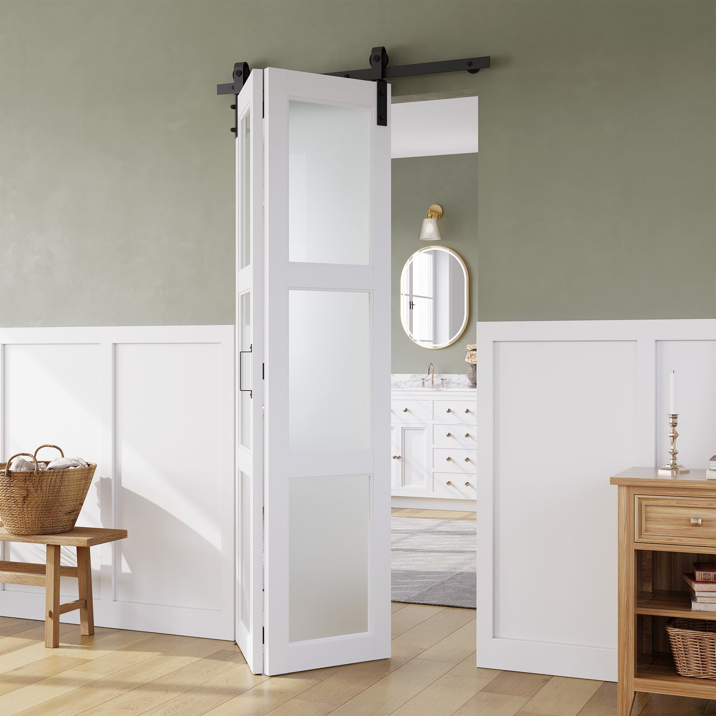 SMARTSTANDARD 24 x 84in Frosted Glass Bifold Barn Door with Hardware Kit | Pre-Drilled Holes Easy Assembly -Solid Barn Doors Slab Covered with Water-Proof PVC Surface, White
