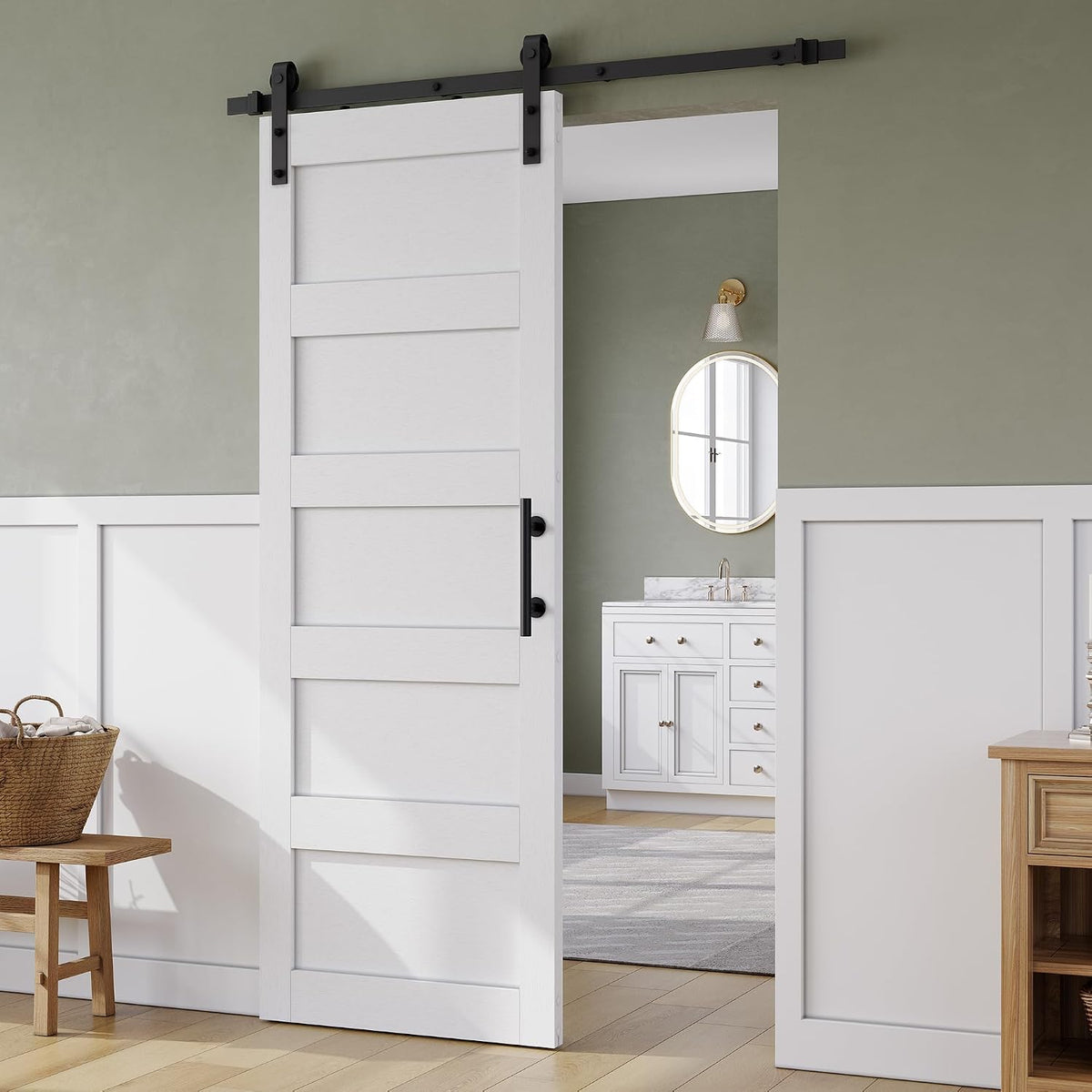 SMARTSTANDARD 32in x 84in Sliding Barn Door with 6FT Hardware Track Kit | Waterproof PVC Surface, Pre-Drilled Holes Easy to Assemble, Solid, MDF, White, 5-Panel