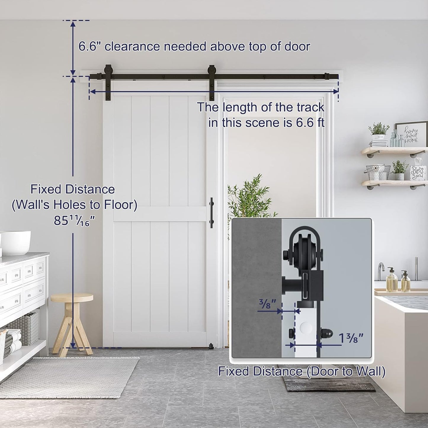 SMARTSTANDARD 38" x 84" White Sliding Barn Door with 6.6FT Black Hardware
