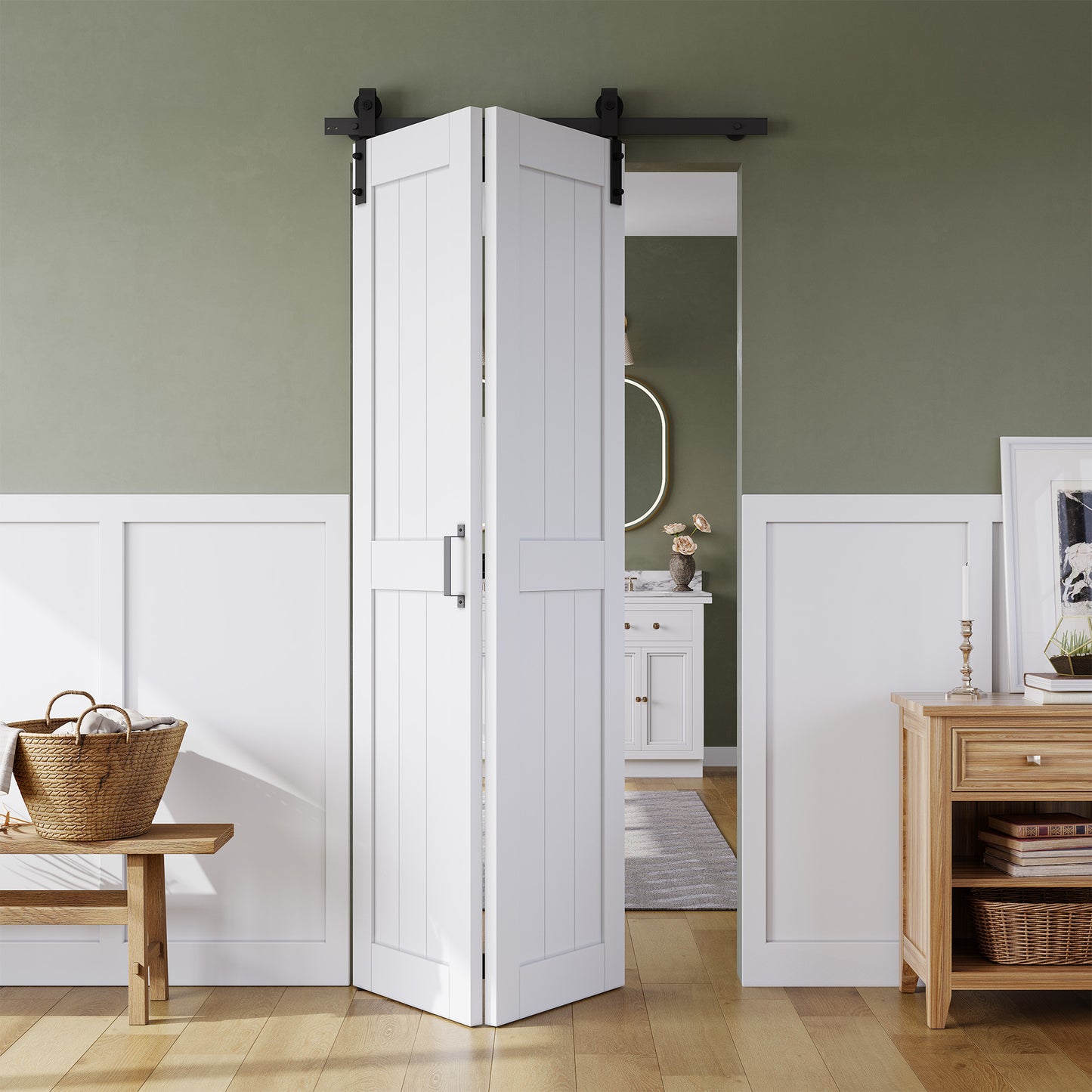 SMARTSTANDARD Bifold Barn Door 24" x 84", MDF Bi-Fold Sliding Closet Doors Hardware Kit, Included, Pre-Finished Easy Assembly, Water-Proof PVC Surface & Save Space, H-Frame, 28" Track for 2 Doors