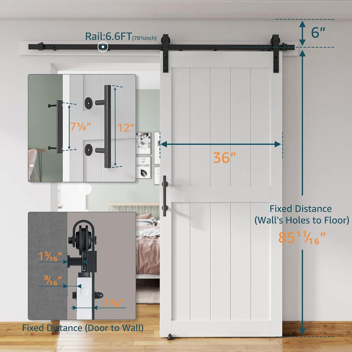 ALAMEDADT 36''x84'' Sliding Barn Door with 6.6 Ft Barn Door Hardware Kit& Handle& Floor Guides,Pre-Drilled Holes Easy Assembly - Include Installation Manual, Water-Proof PVC Surface, H-Frame, White