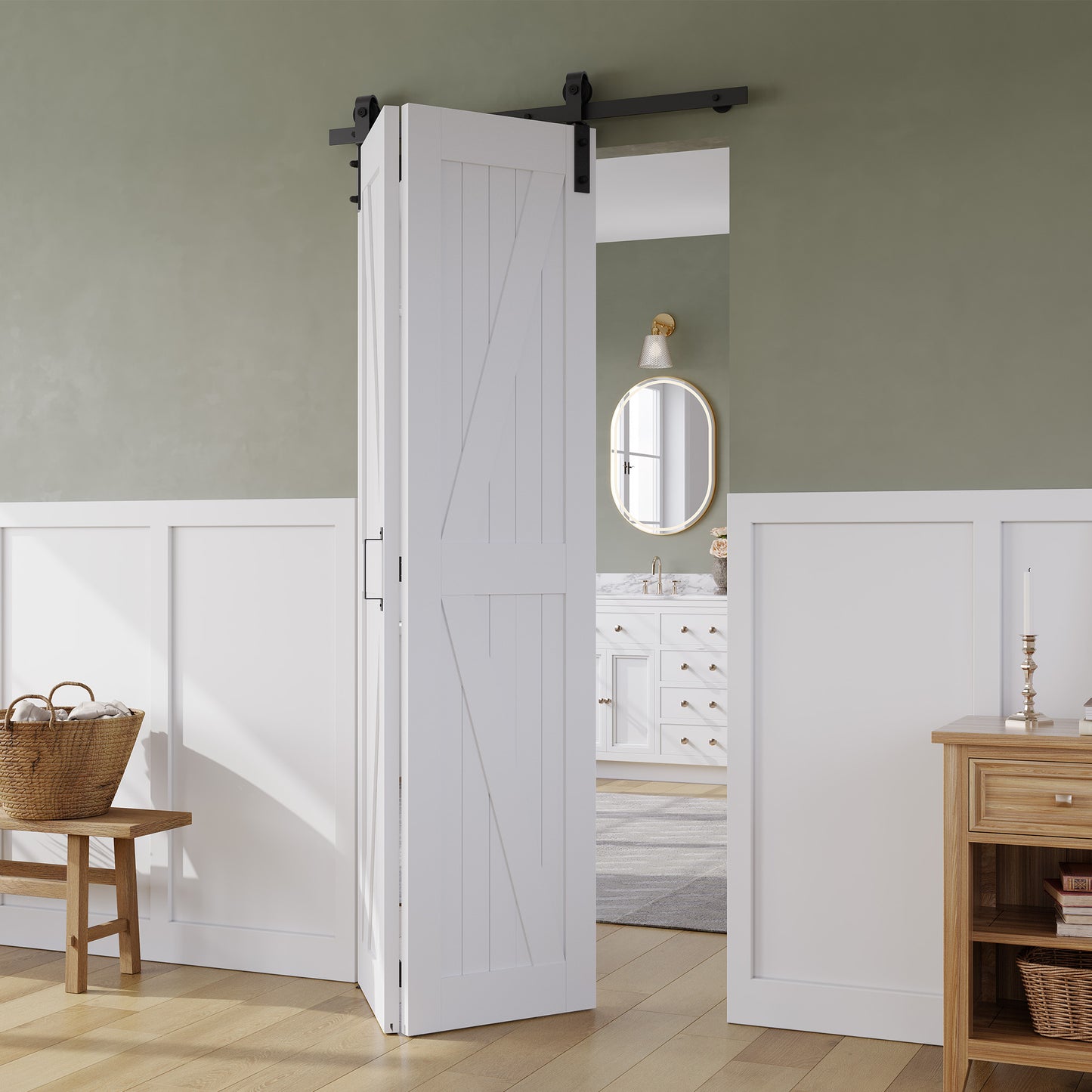 SMARTSTANDARD 30" x 84" Bifold Sliding Barn Door, K Shaped Panel with Sliding Hardware Kit Set, Finished Closet Door Slab, 2.83FT Track for 2 Doors, MDF, White