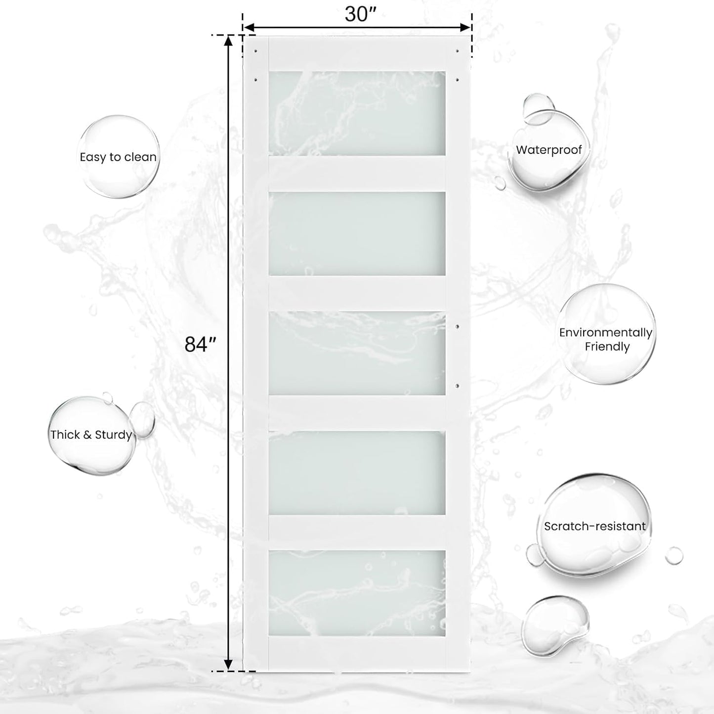 SMARTSTANDARD 30" x 84" Glass Barn Door with 5FT Hardware Kit Included | 5-Panel Glass, DIY Assembly Required, Waterproof PVC Coating, Pure White