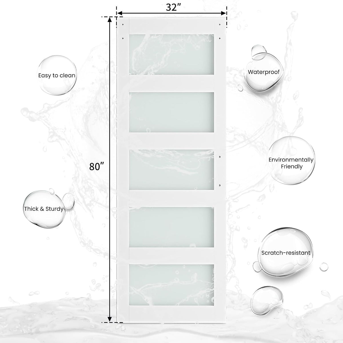 SMARTSTANDARD 32 x 80 in Glass Barn Door with 6FT Sliding Hardware Kit | Pre-Drilled Ready to Assemble, Waterproof PVC Coating, White, 5-Panel Glass