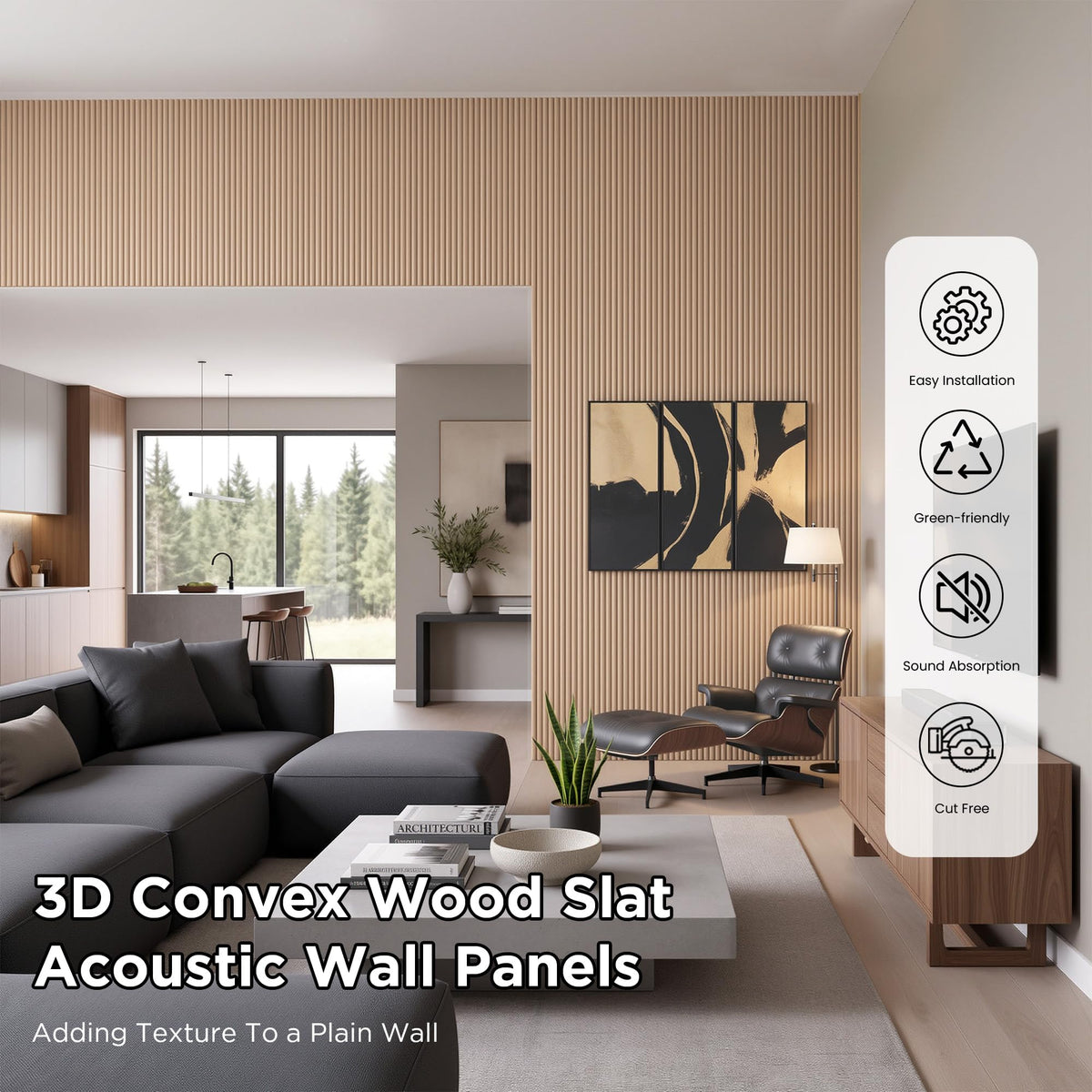 SMARTSTANDARD Wood Fluted Acoustic Wall Panels, 94x5.9in, 6 Pcs, White Oak