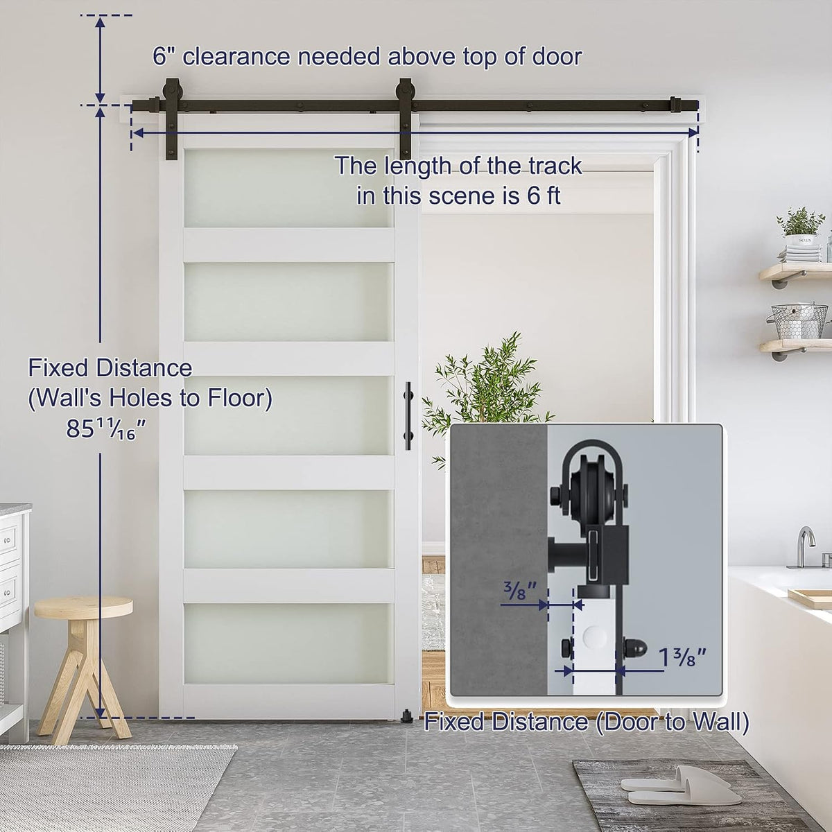 SMARTSTANDARD 32 x 84 in Glass Barn Door with 6FT Sliding Hardware Kit | Pre-Drilled Ready to Assemble, Waterproof PVC Coating, White, 5-Panel Glass