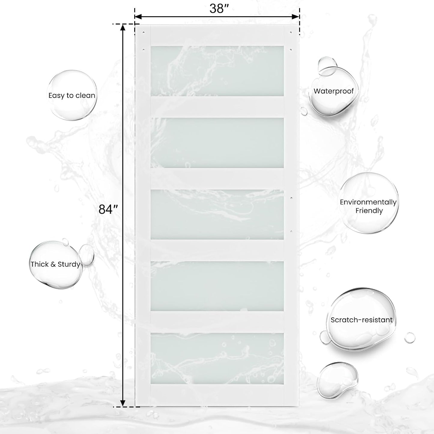 SMARTSTANDARD 38 x 84 in Glass Barn Door with 6.6FT Sliding Hardware Kit | Pre-Drilled Ready to Assemble, Waterproof PVC Coating, White, 5-Panel Glass