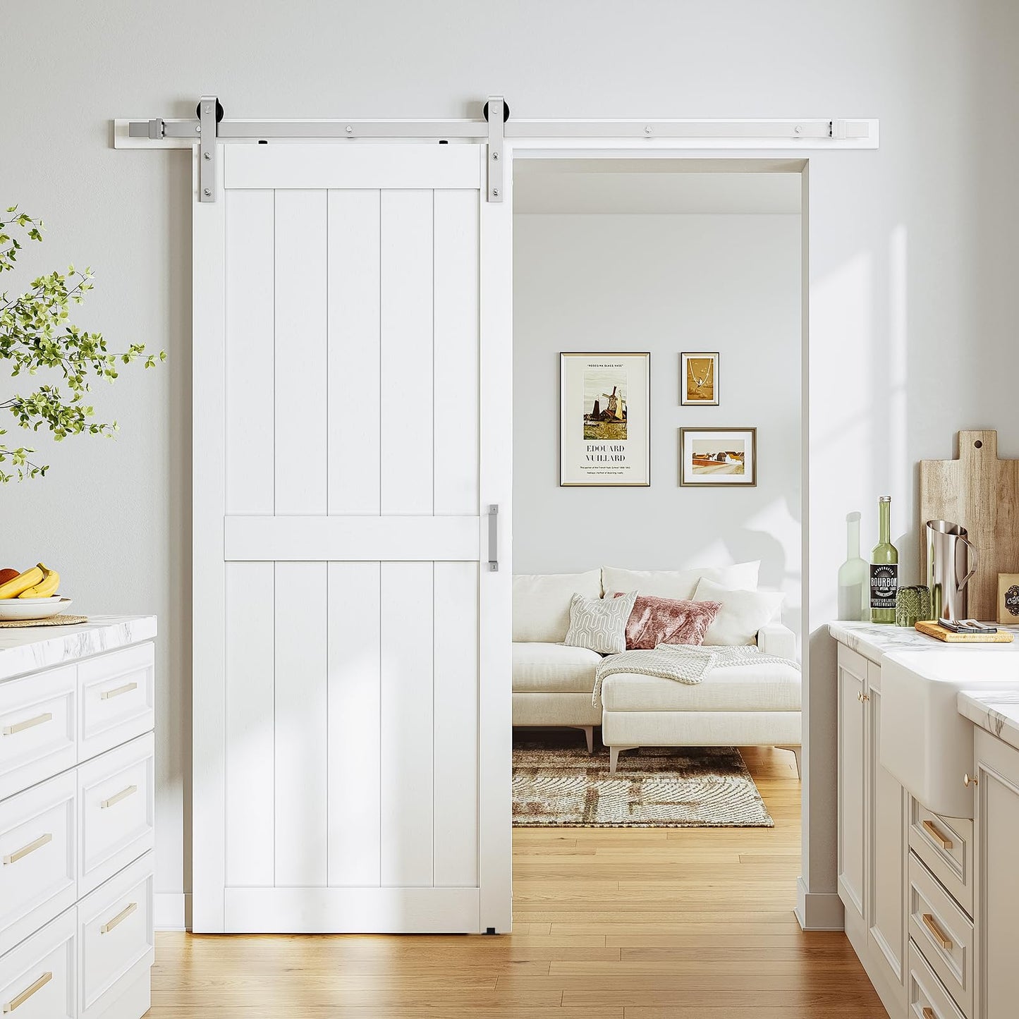SMARTSTANDARD 34" x 84" White Sliding Barn Door with 6FT Silver Hardware