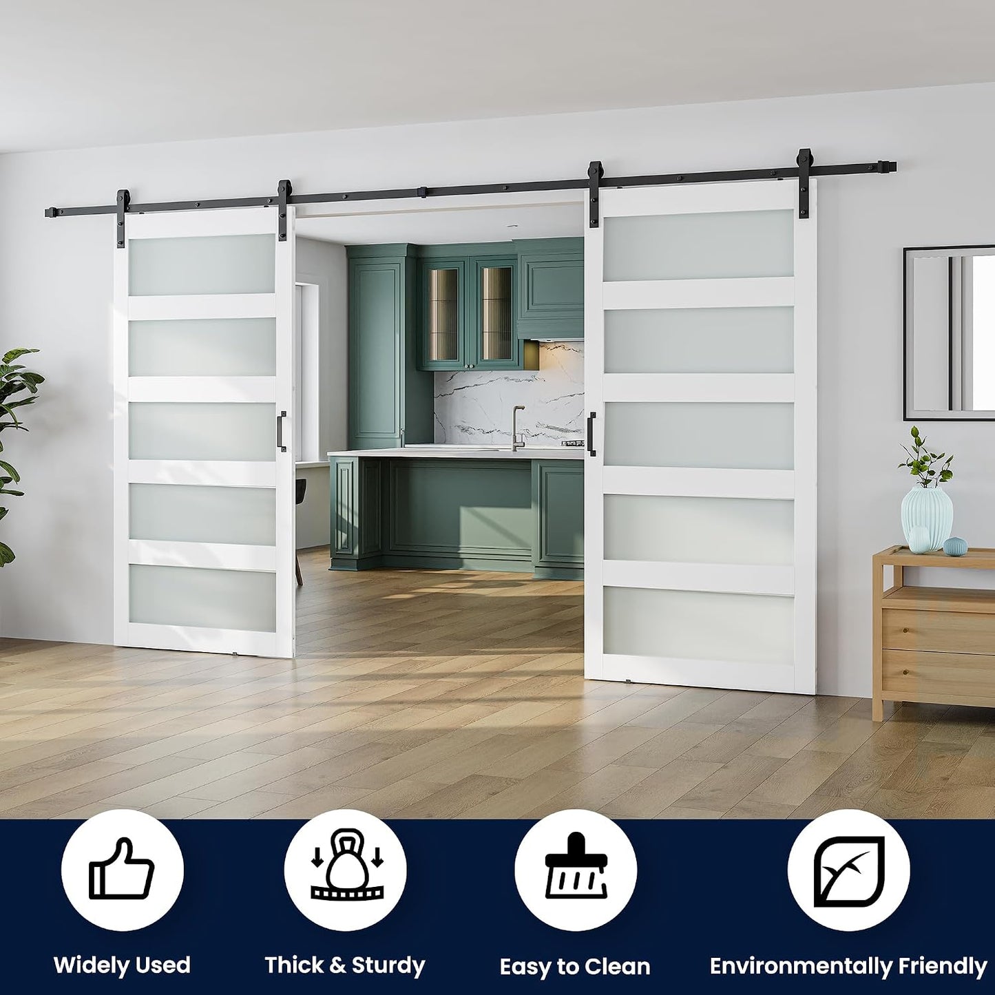 SMARTSTANDARD Double 42×84 Glass Barn Door with Sliding Hardware Kit | Pre-Drilled Ready to Assemble, Waterproof PVC Coating, 5-Panel Glass, White