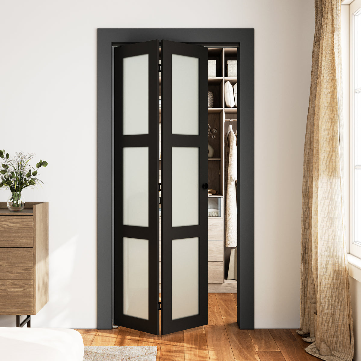 SMARTSTANDARD 24" x 80 Bifold Closet Door, Tempered Frosted Glass, Black, MDF, with Bi-fold Door Hardware Kit Included, Preassembled Panel, Water-Proof PVC Surface, Easy Install, Space-Saving