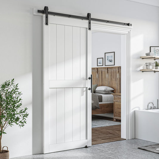 SmartStandard 36 x 96 inch White Sliding MDF Barn Door with 6.6FT Black Sliding Door Hardware Kit & Handle, Pre-Drilled Ready to Assemble, Waterproof PVC Coating, H-Frame