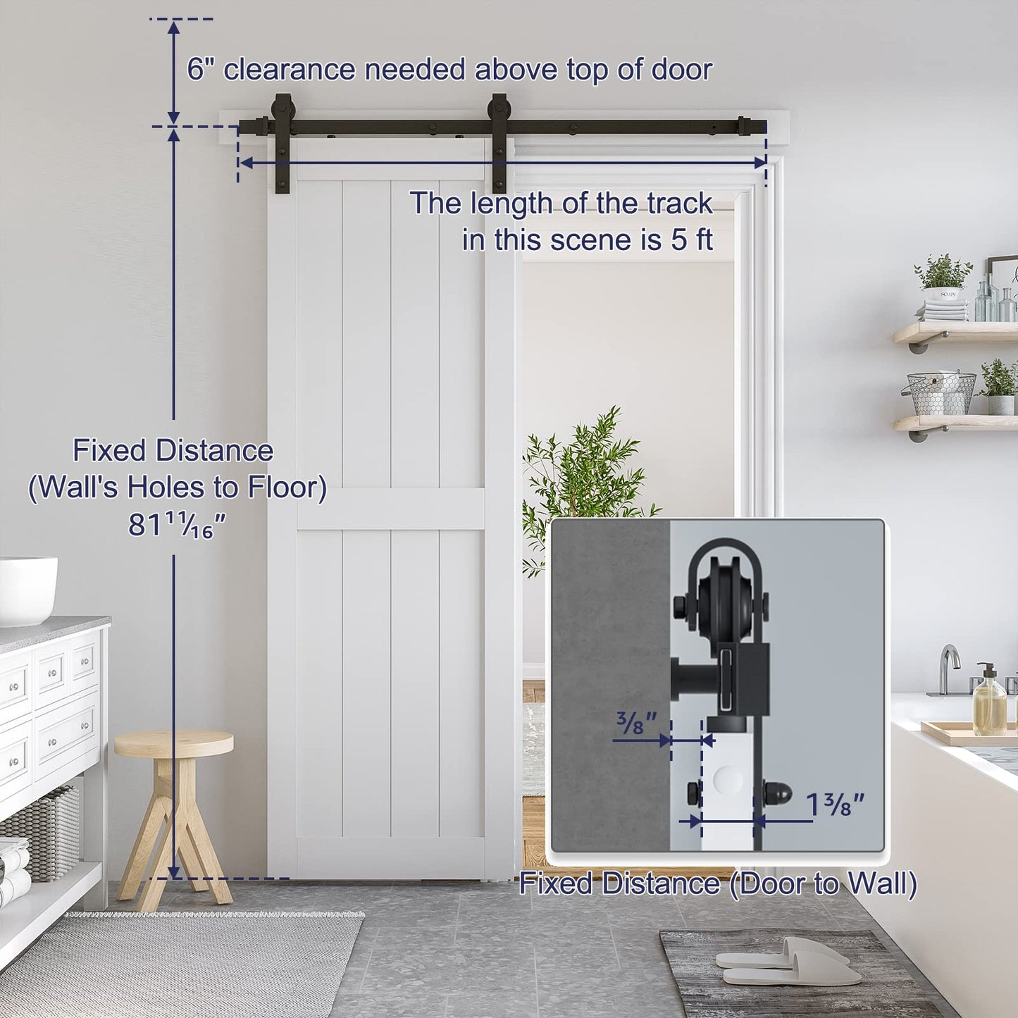 SMARTSTANDARD 30" x 80" White Sliding Barn Door with 5FT Black Hardware