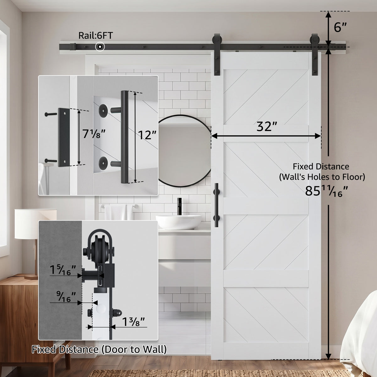 COSHOMER 32x84in White Sliding Barn Door Hardware Kit, Modern Paneled Wave Design
