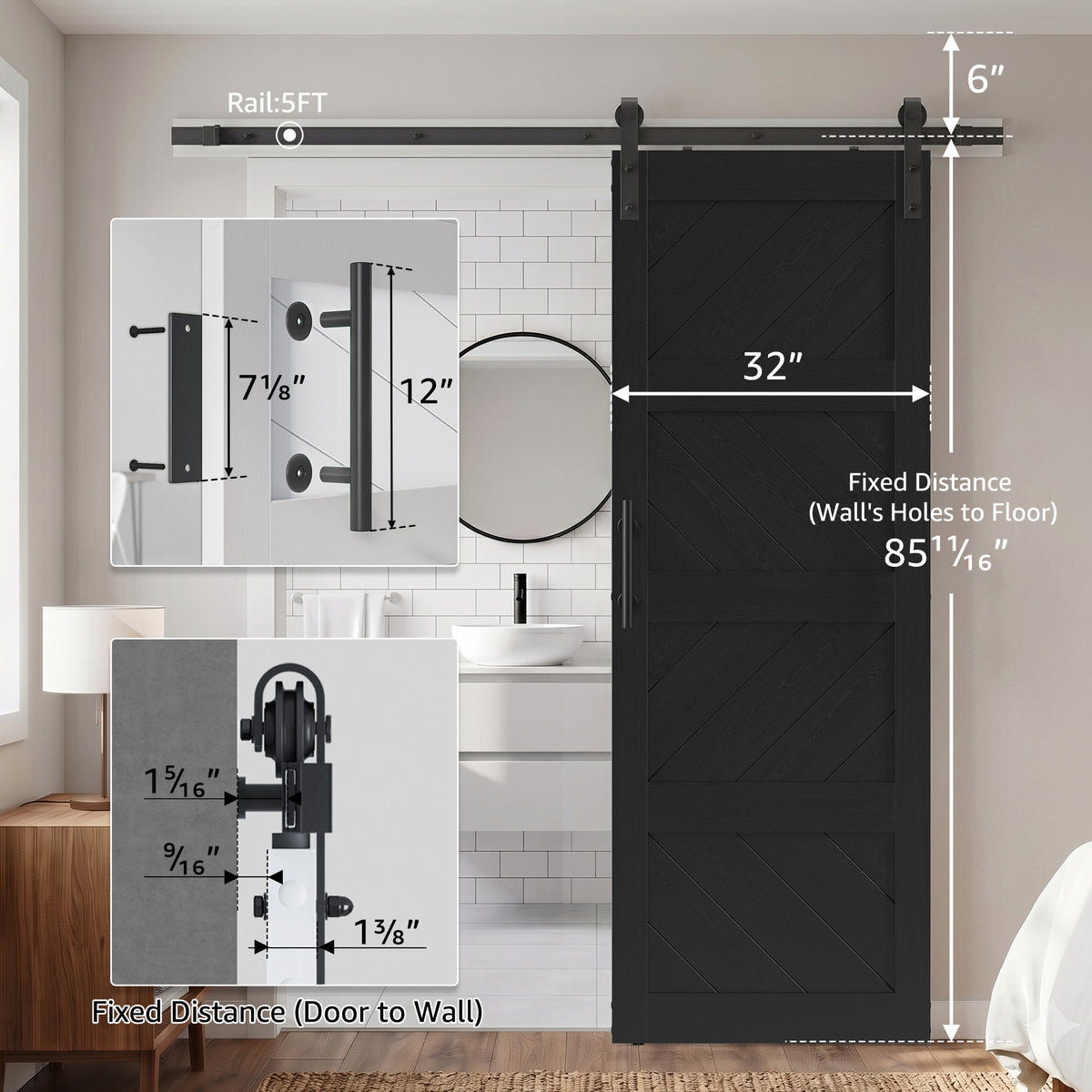 COSHOMER 32x84in Black Sliding Barn Door Hardware Kit, Modern Paneled Wave Design