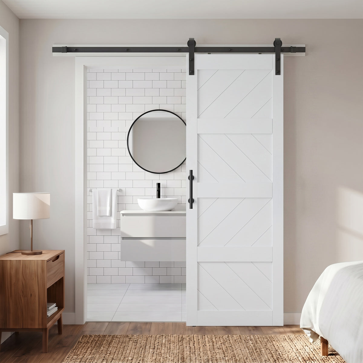 COSHOMER 32x84in White Sliding Barn Door Hardware Kit, Modern Paneled Wave Design