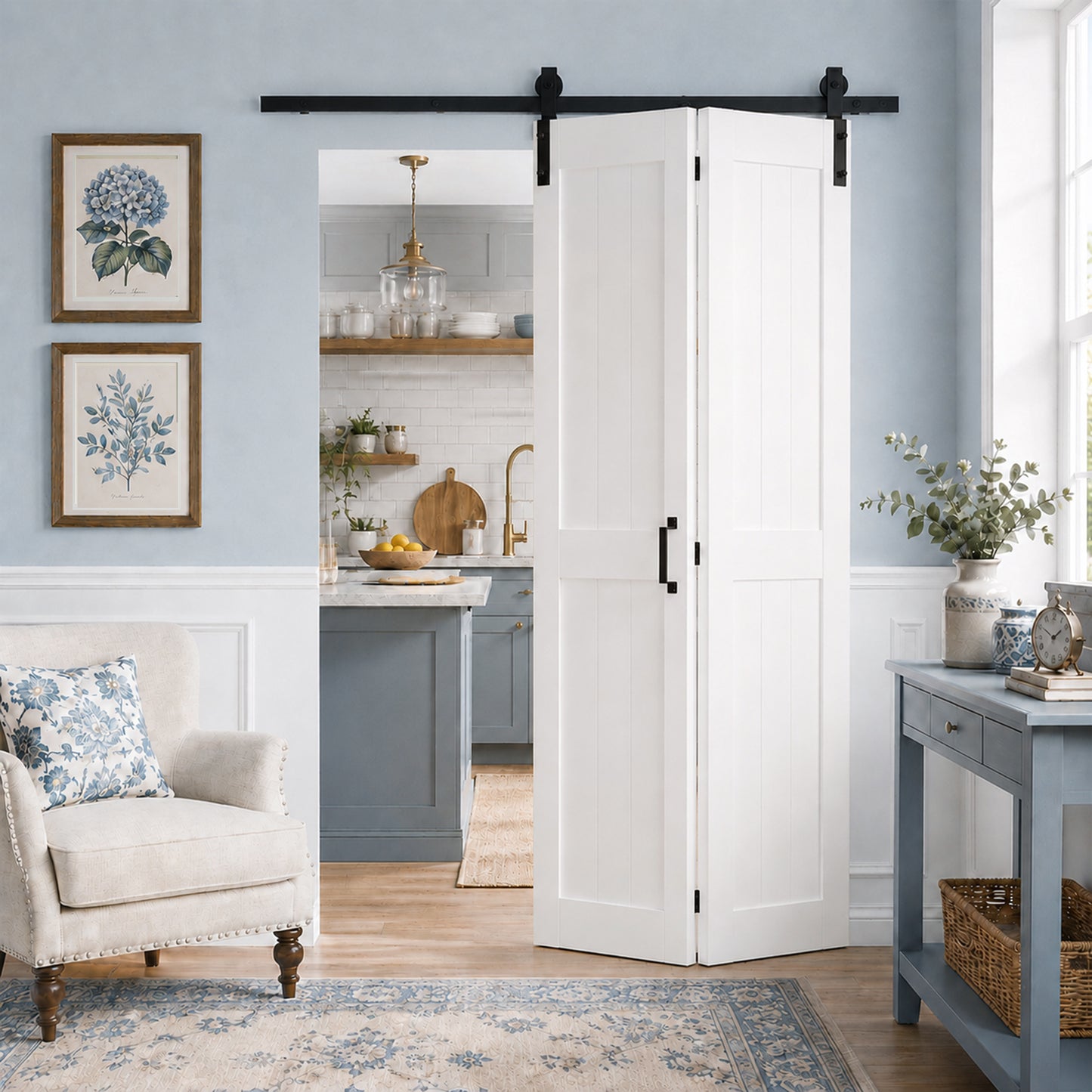 SMARTSTANDARD 40" x 84" H-Shape Bifold Barn Door with Hardware Kits | Double 20" MDF Panels Bi-Fold Closet Doors, Waterproof PVC Surface, Pre-Drilled Folding Doors for Bedroom Pantry