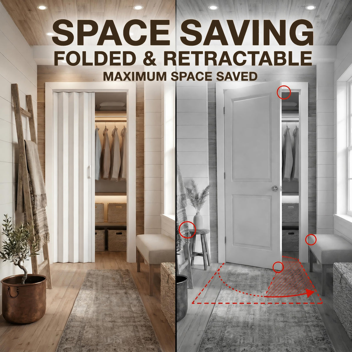 SMARTSTANDARD 32" x 80" Foldable Accordion Doors for Closet, PVC, White
