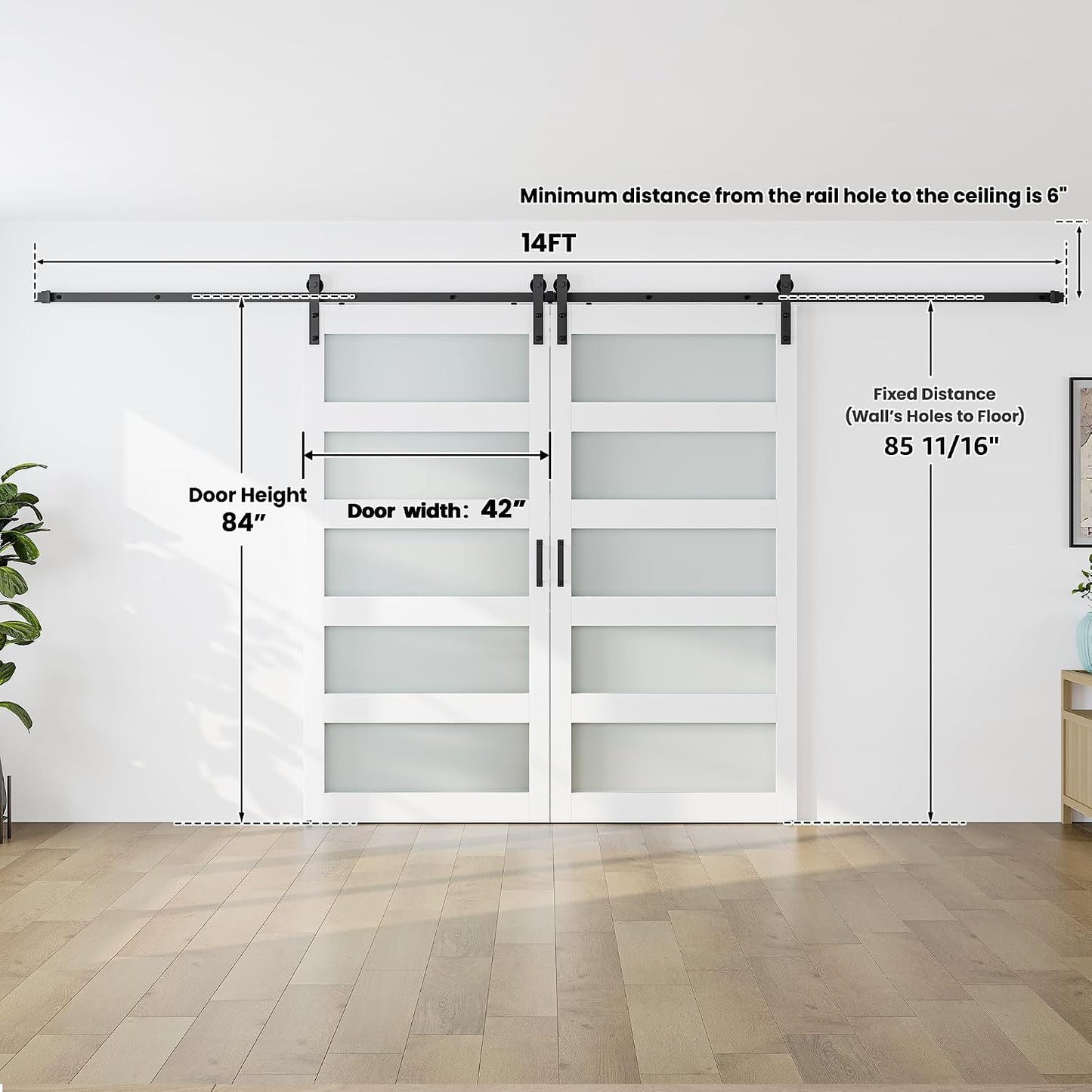 SMARTSTANDARD Double 42×84 Glass Barn Door with Sliding Hardware Kit | Pre-Drilled Ready to Assemble, Waterproof PVC Coating, 5-Panel Glass, White
