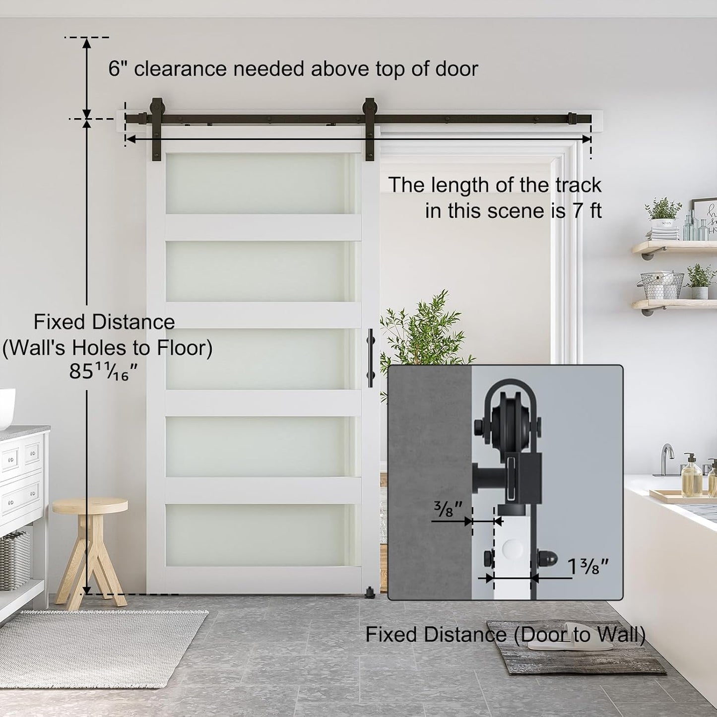 SMARTSTANDARD 42 x 84 in Glass Barn Door with 7FT Sliding Hardware Kit | Pre-Drilled Ready to Assemble, Waterproof PVC Coating, White, 5-Panel Glass