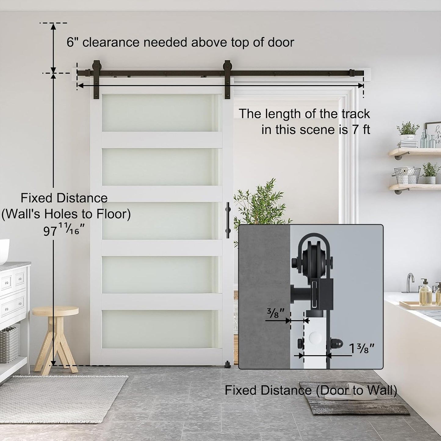 SMARTSTANDARD 42 x 96 in Glass Barn Door with 7FT Sliding Hardware Kit | Pre-Drilled Ready to Assemble, Waterproof PVC Coating, White, 5-Panel Glass