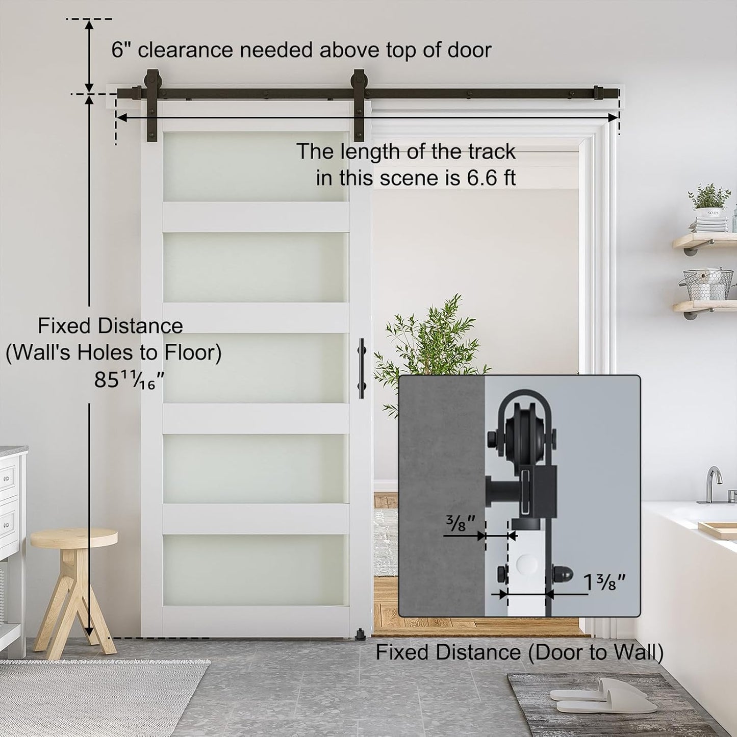 SMARTSTANDARD 38 x 84 in Glass Barn Door with 6.6FT Sliding Hardware Kit | Pre-Drilled Ready to Assemble, Waterproof PVC Coating, White, 5-Panel Glass