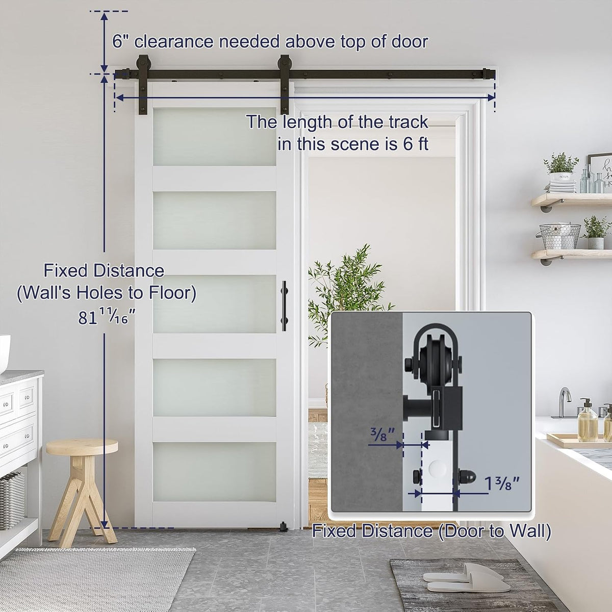 SMARTSTANDARD 32 x 80 in Glass Barn Door with 6FT Sliding Hardware Kit | Pre-Drilled Ready to Assemble, Waterproof PVC Coating, White, 5-Panel Glass