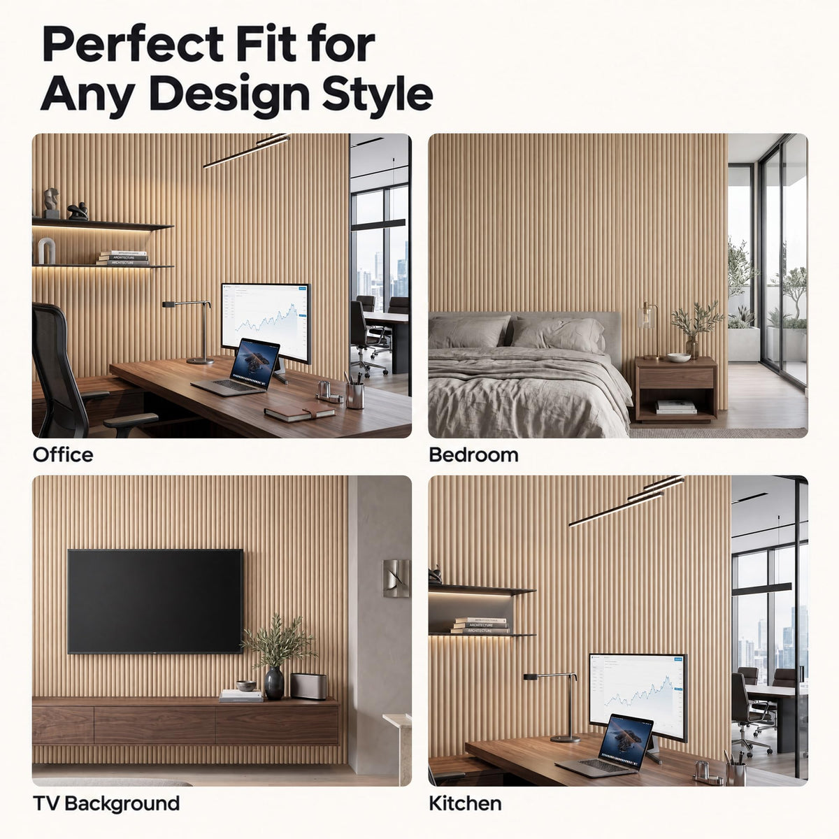SMARTSTANDARD Wood Fluted Acoustic Wall Panels, 94x5.9in, 6 Pcs, White Oak