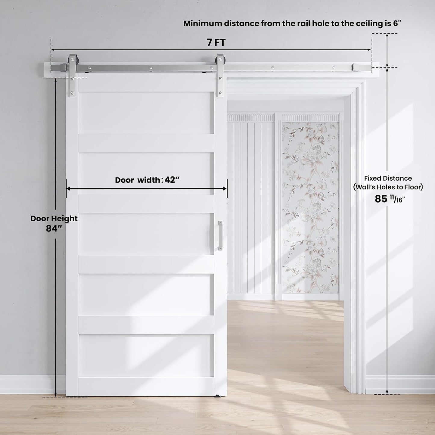 SMARTSTANDARD 42x84 inch White Barn Door with 7FT Silver Hardware Track | Solid MDF Slab, Waterproof PVC Surface, 5-Panel, Suitable for Openings up to 40in x 82in