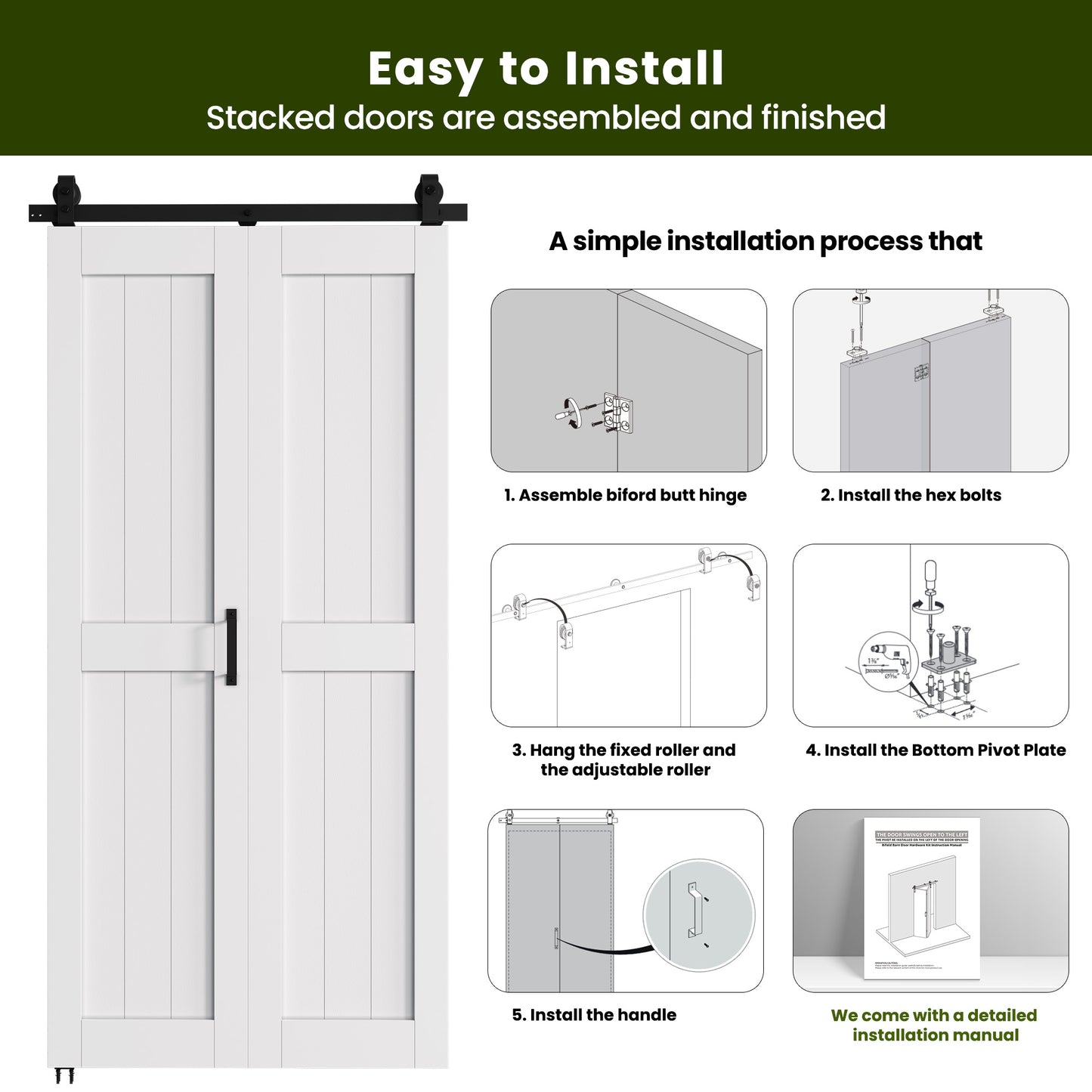 SMARTSTANDARD Bifold Barn Door 28'' x 84'',Bi-Fold Sliding Closet Doors | Hardware Kit Included,32'' Track Kit for 2 Doors,Waterproof & Quiet,Pre-Drilled Holes Easy Assembly,White