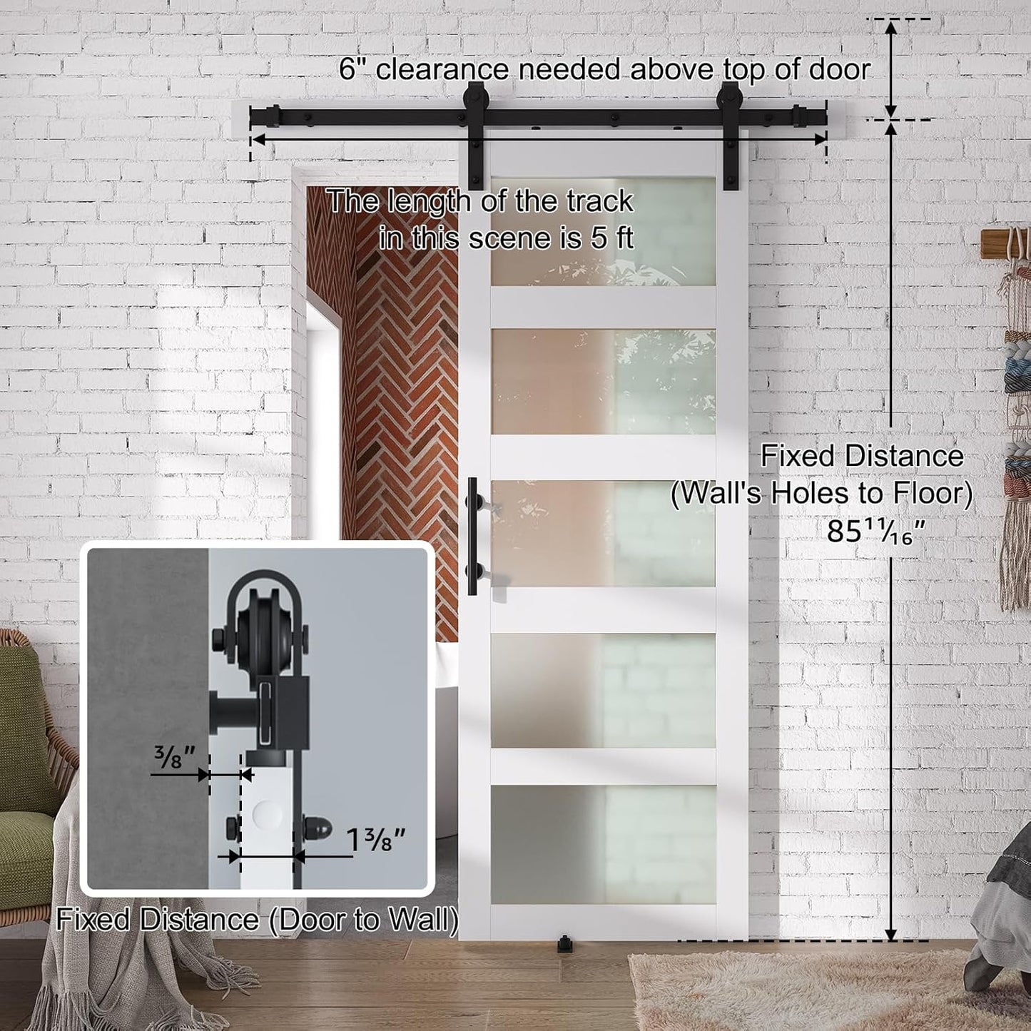 SMARTSTANDARD 30" x 84" Glass Barn Door with 5FT Hardware Kit Included | 5-Panel Glass, DIY Assembly Required, Waterproof PVC Coating, Pure White