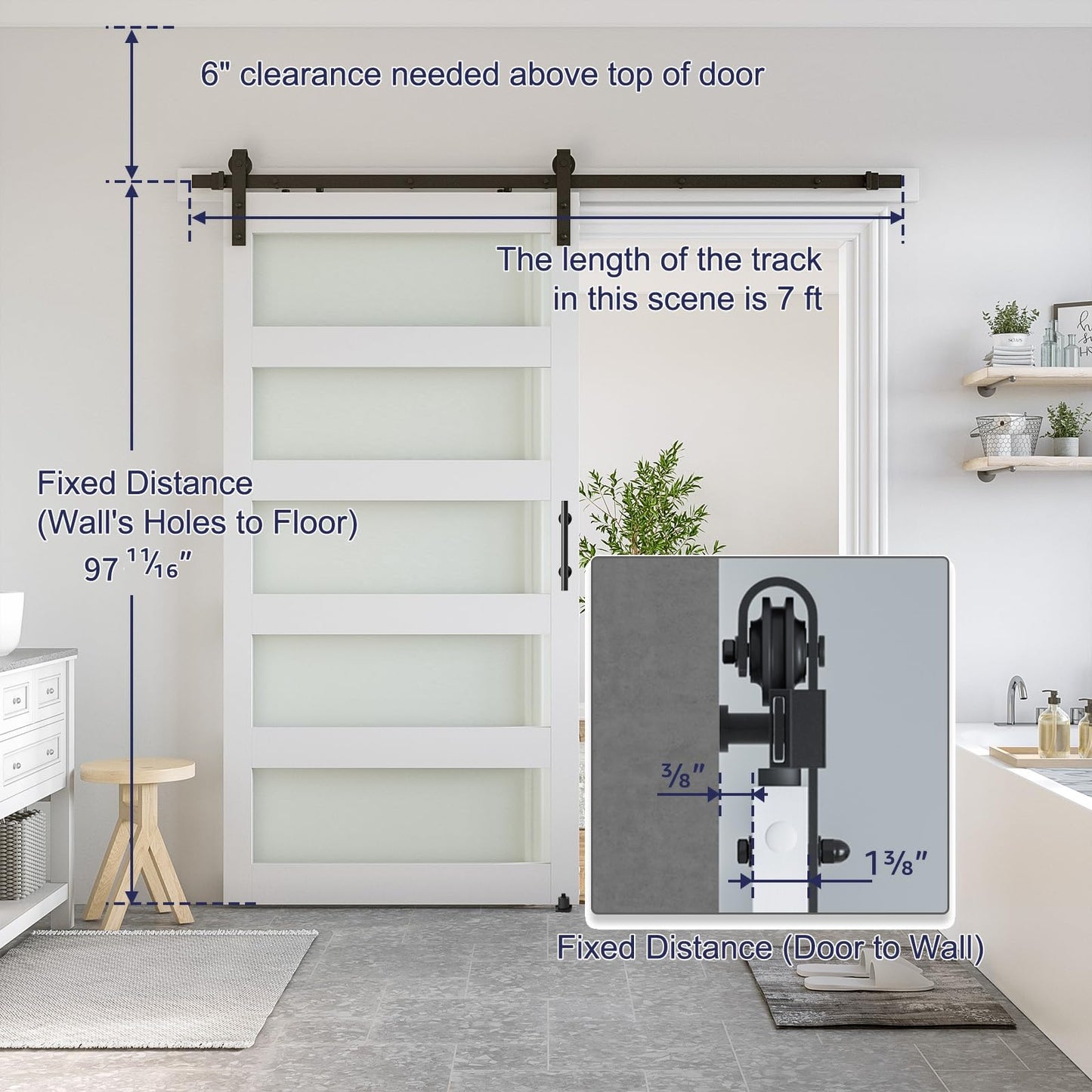 SmartStandard 40 x 96 in Glass Barn Door with 7FT Sliding Hardware Kit & Handle, Pre-Drilled Ready to Assemble, Waterproof PVC Coating, White, 5-Panel Glass