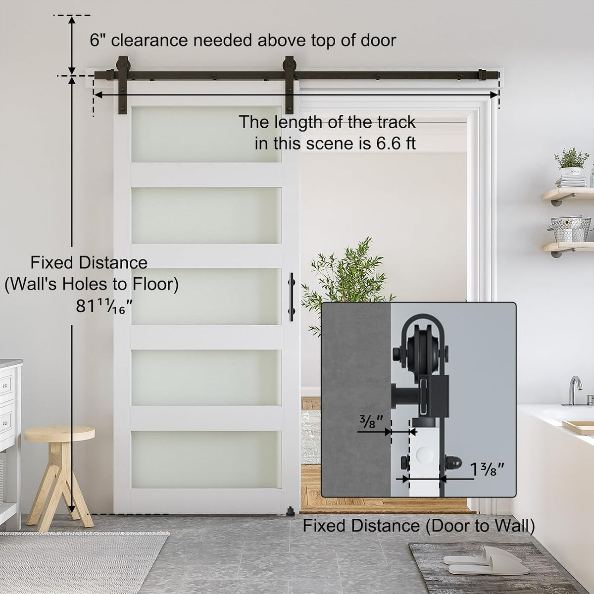 SMARTSTANDARD 36 x 80 in Glass Barn Door with 6.6FT Sliding Hardware Kit | Pre-Drilled Ready to Assemble, Waterproof PVC Coating, White, 5-Panel Glass