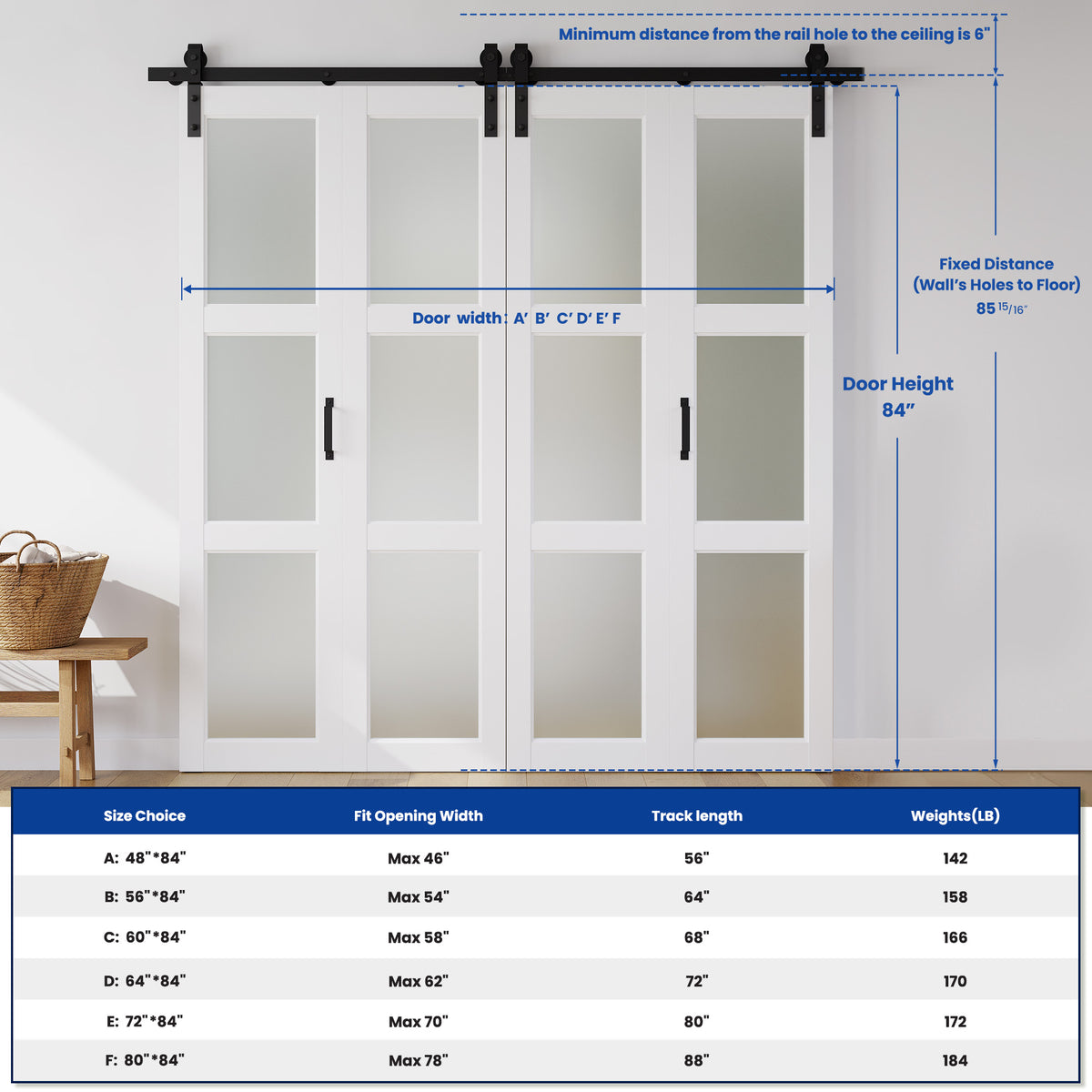 SMARTSTANDARD 60in x 84in Frosted Glass Bifold Barn Door with Hardware Kit，Pre-Drilled Holes Easy Assembly -Solid Barn Doors Slab Covered with Water-Proof PVC Surface, White