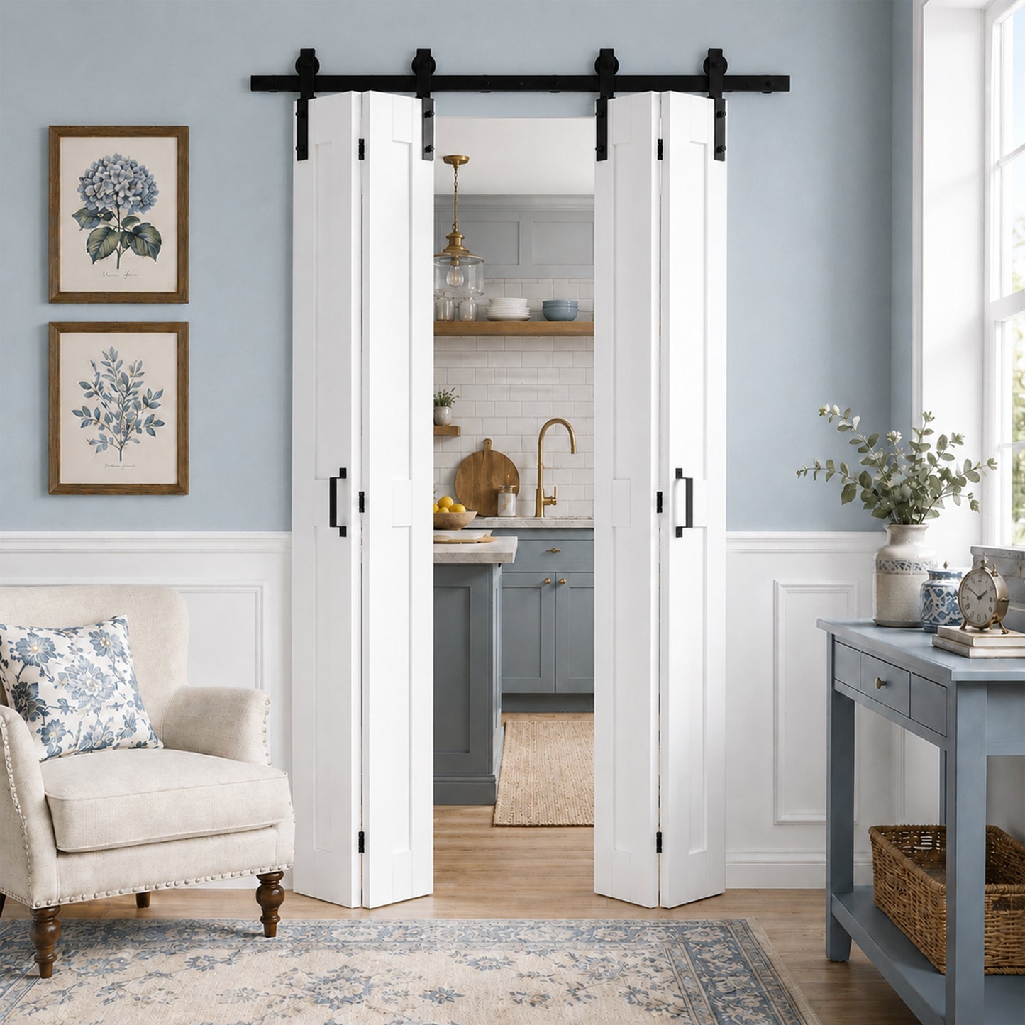 SMARTSTANDARD 56" x 84" H-Shape Bifold Barn Door with Hardware Kits, Double 28" MDF Panels Bi-Fold Closet Doors, Waterproof PVC Surface, Pre-Drilled Folding Doors for Bedroom Pantry