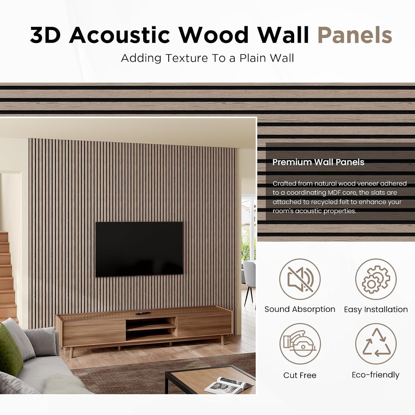 SMARTSTANDARD Wood Slat Acoustic Wall Panels 4 Pack 94"x12.6" Walnut | Noise Reducing and Sound Absorbing, Decorative Slat Panels for Home Studio Office Living Room