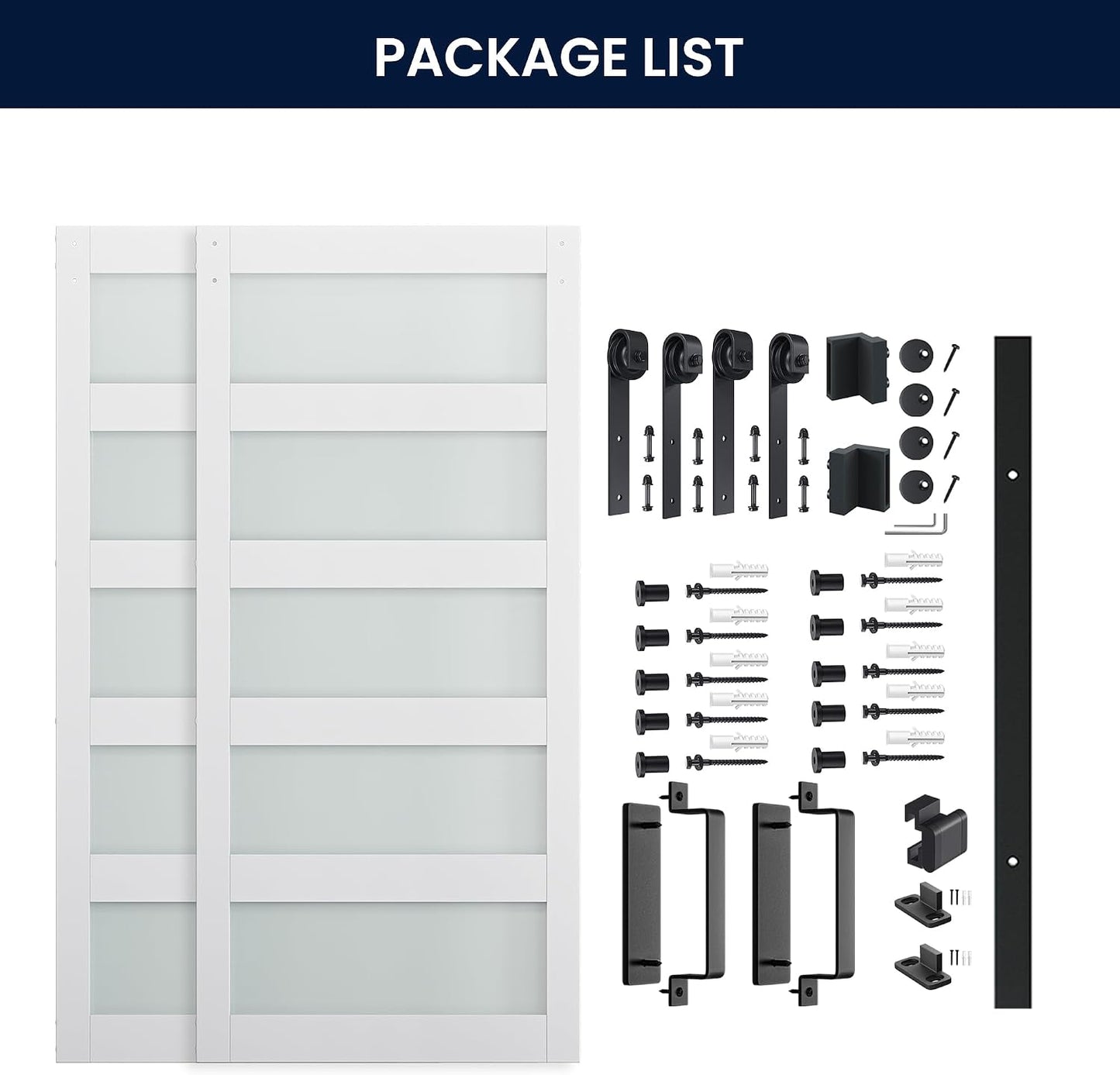 SMARTSTANDARD Double 42×84 Glass Barn Door with Sliding Hardware Kit | Pre-Drilled Ready to Assemble, Waterproof PVC Coating, 5-Panel Glass, White