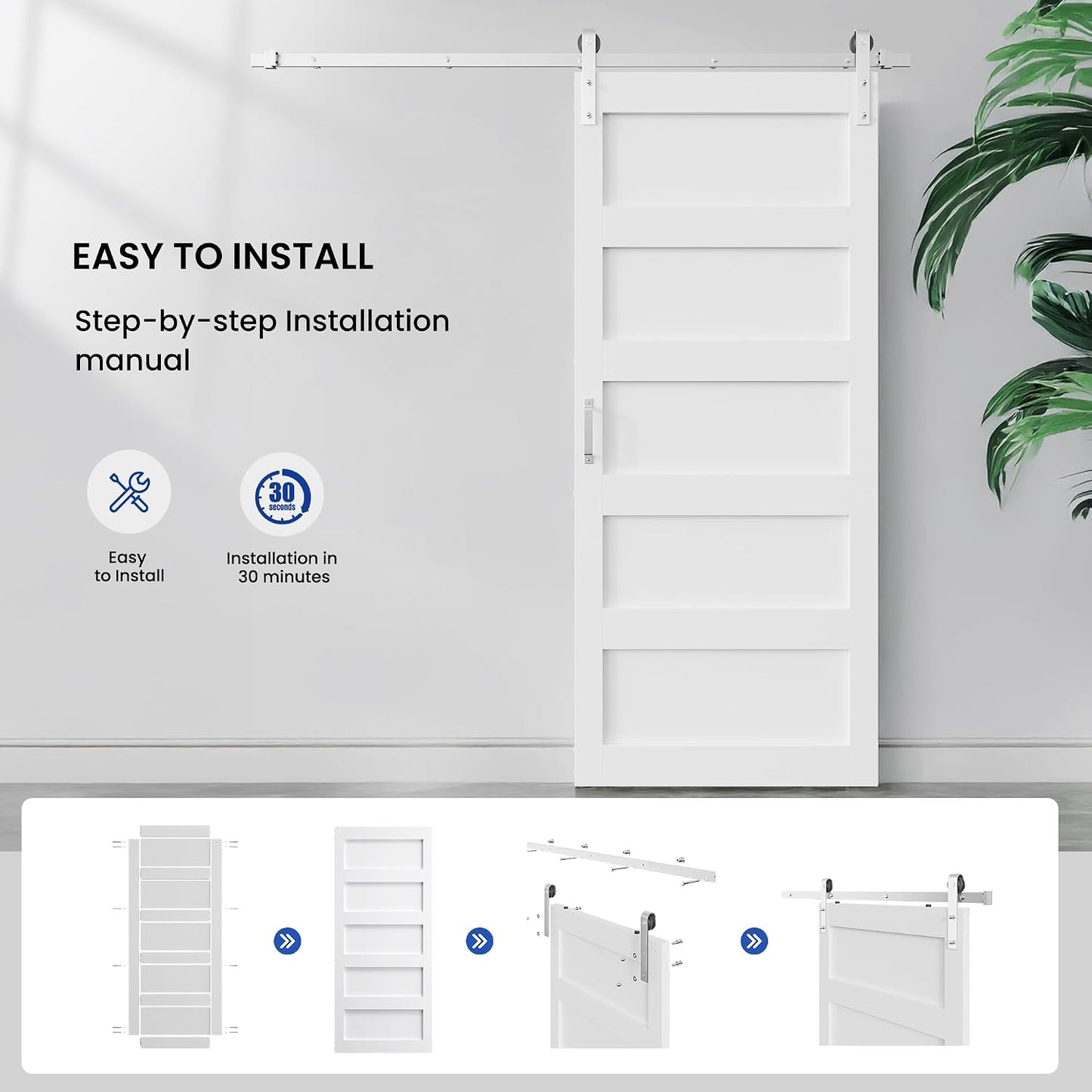SMARTSTANDARD 42x84 inch White Barn Door with 7FT Silver Hardware Track | Solid MDF Slab, Waterproof PVC Surface, 5-Panel, Suitable for Openings up to 40in x 82in