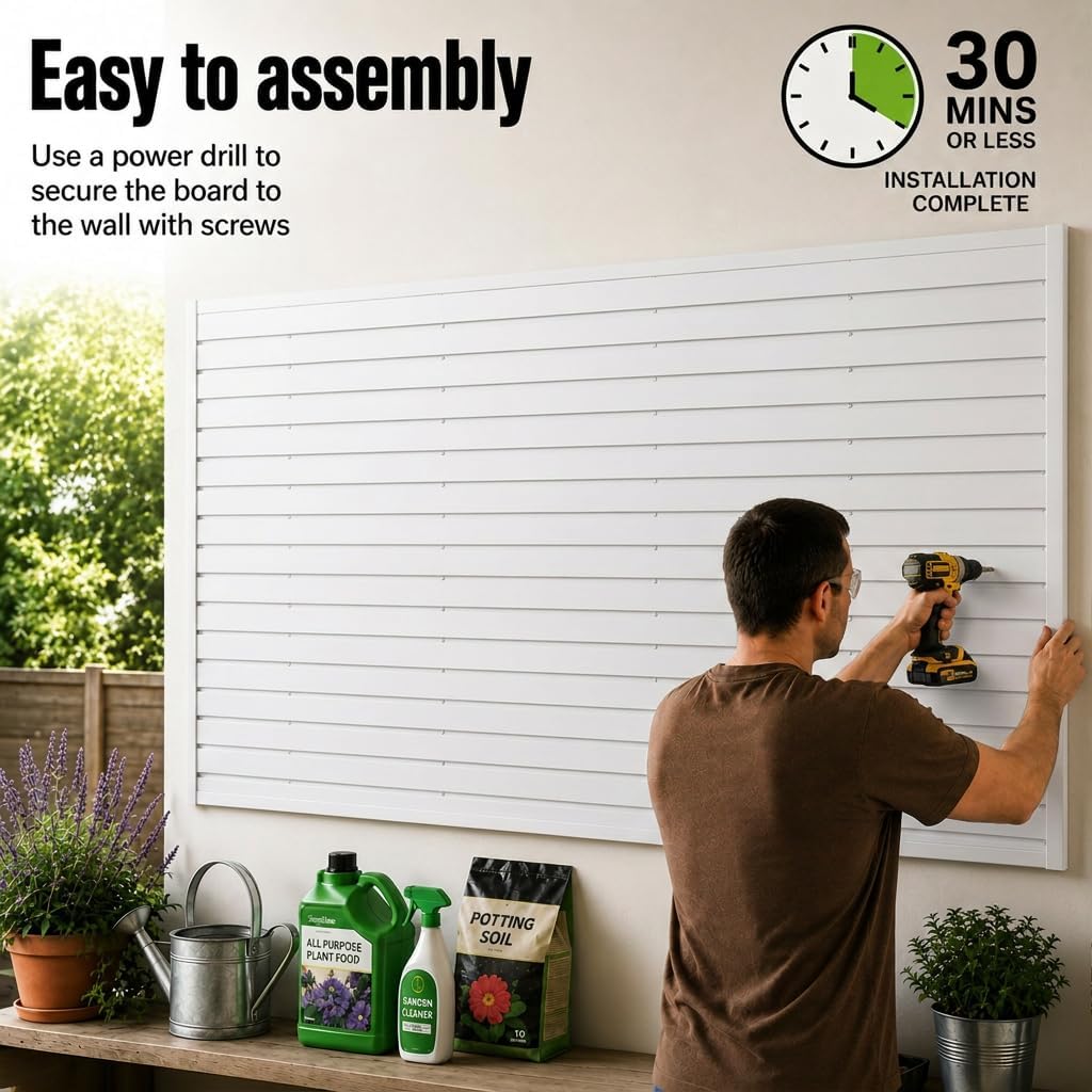 SMARTSTANDARD White Slatwall Panel Set, Wall Organizer for Garden Storage, Wall-Mount Wall Panels, PVC Slat Wall Panel with 31Pcs Garden Storage Accessories, Storage & Organization for Garden Tools