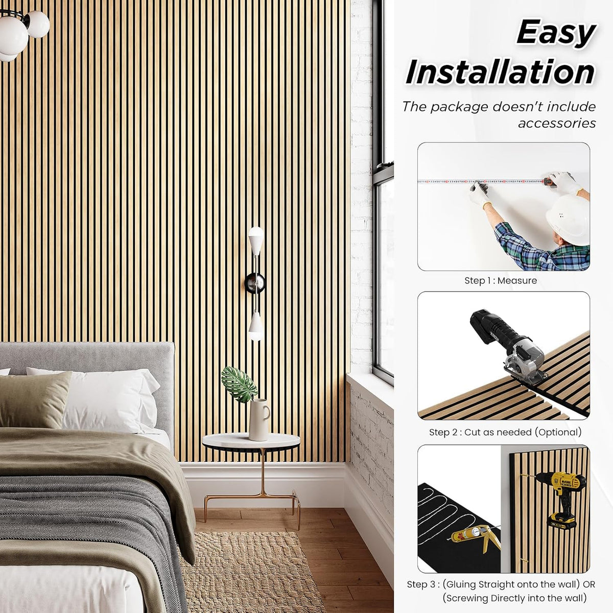 SMARTSTANDARD 4 Pack 105.9" x 12.6" Wood Slat Wall Panels, White Oak
