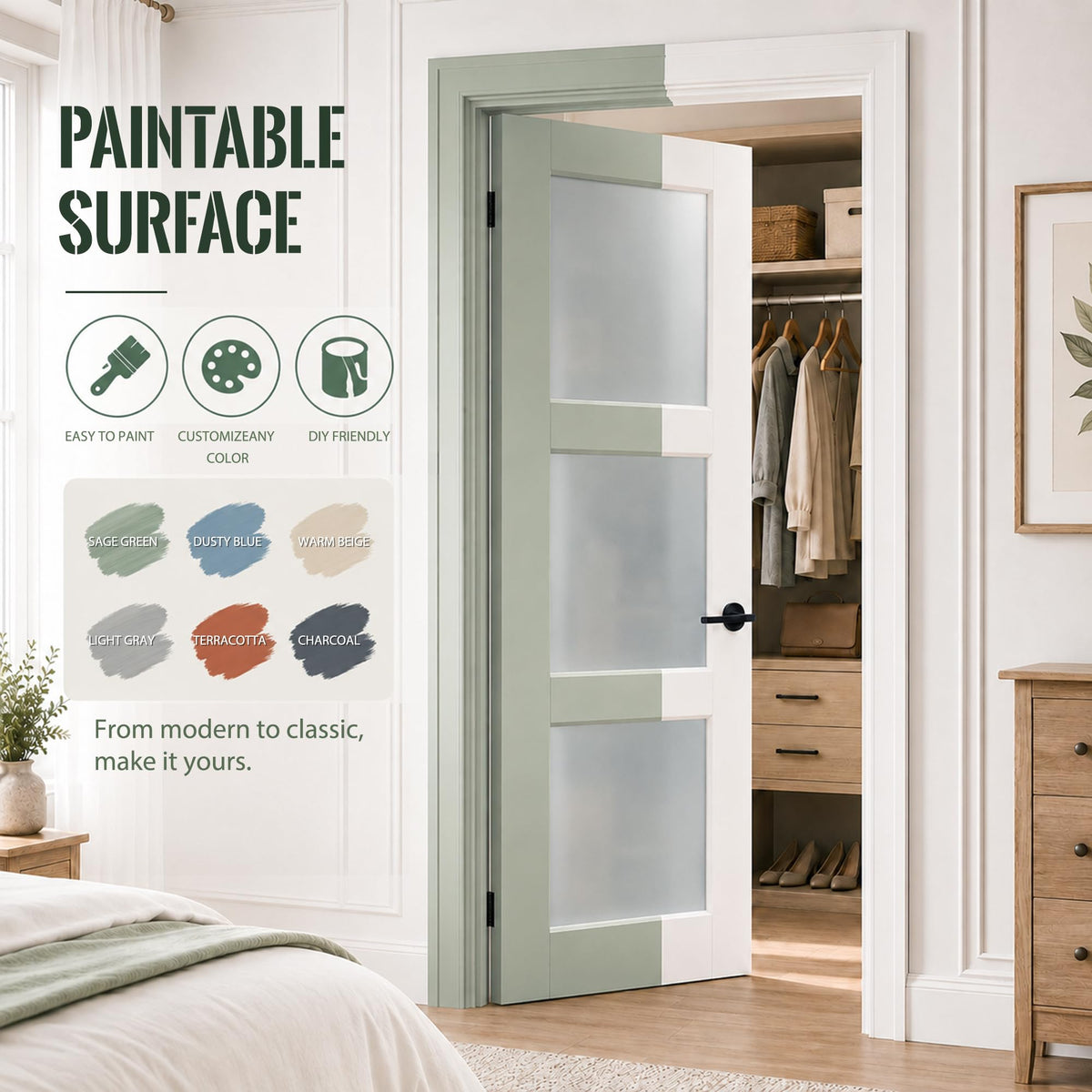 SMARTSTANDARD 30" x 80" Interior Slab Door, Frosted Glass Pantry Door