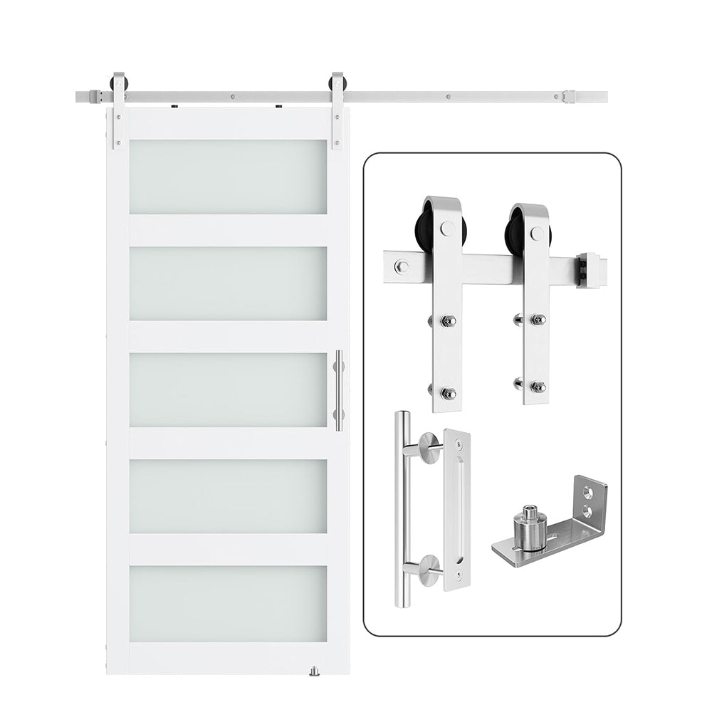 Glass Barn Door with Hardware Kit, 5-Panel Glass Door, Brushed Nickle Hardware