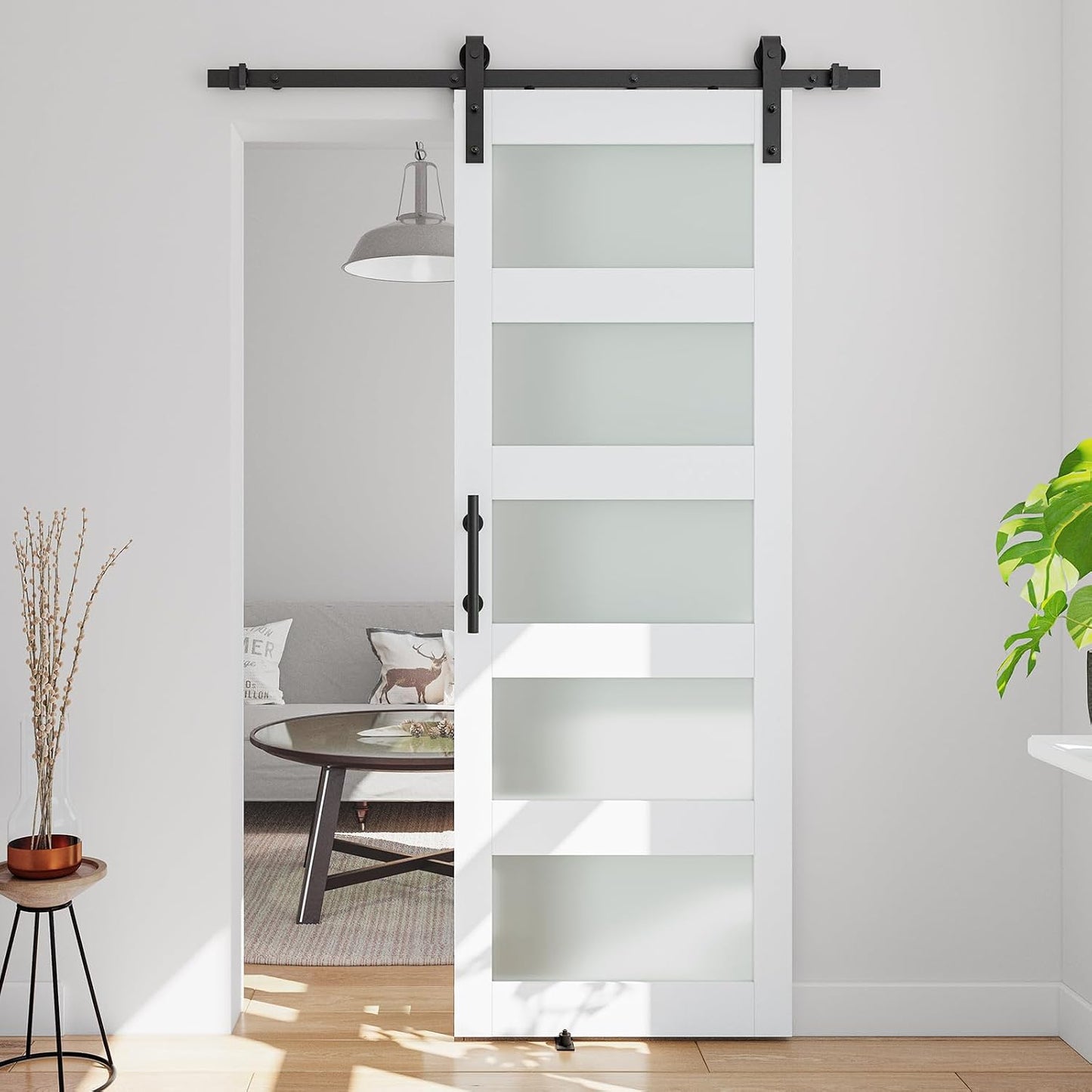 COSHOMER 30in x 84in 5-Panel Sliding Glass Barn Door with 4ft Hardware Kit,Easy Assembly with Pre-Drilled Holes, Waterproof, Frosted Glass for Bathroom-Fit Max Opening 28in x 82in