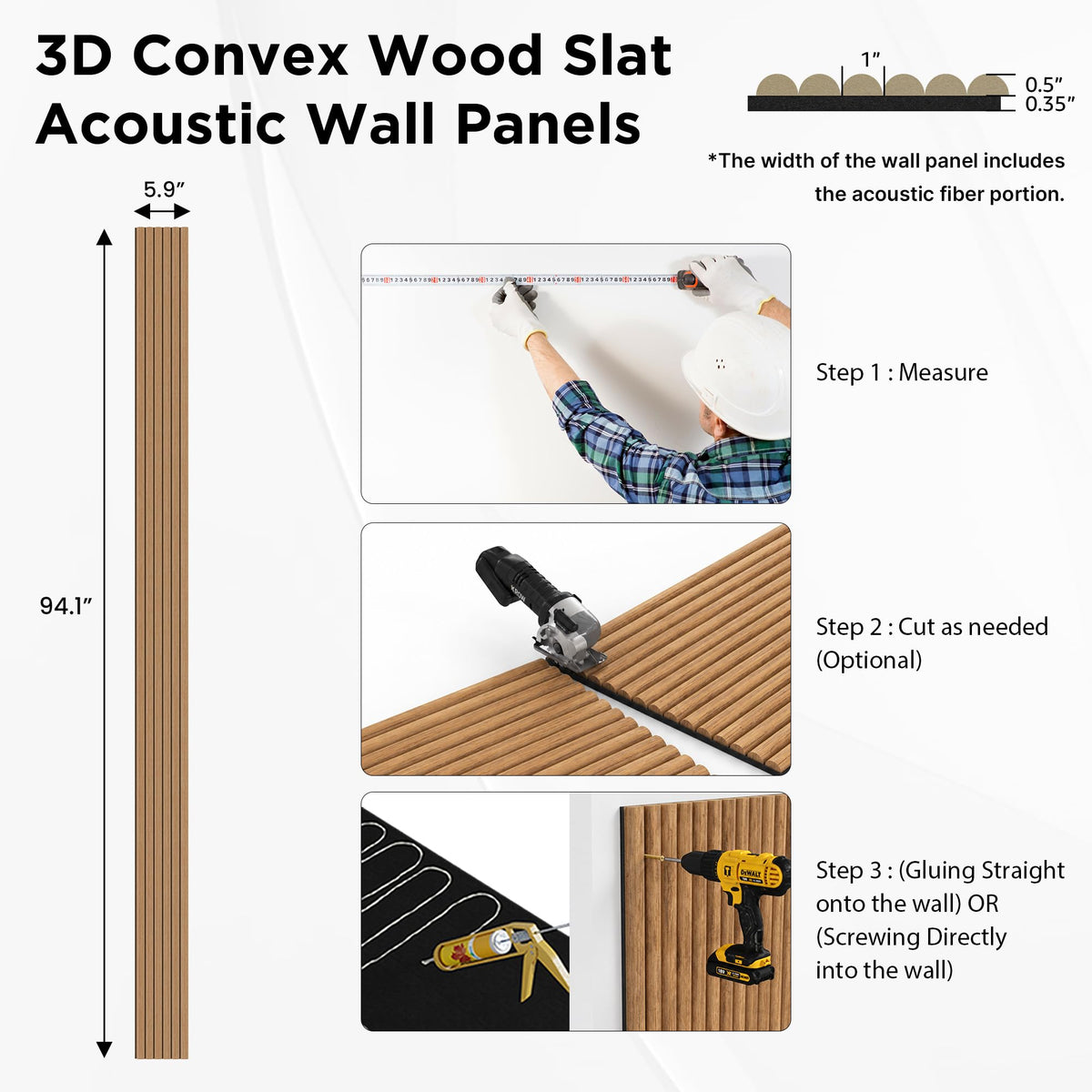 SMARTSTANDARD Wood Fluted Acoustic Wall Panels, 94x5.9in, 6Pcs, Classic Oak