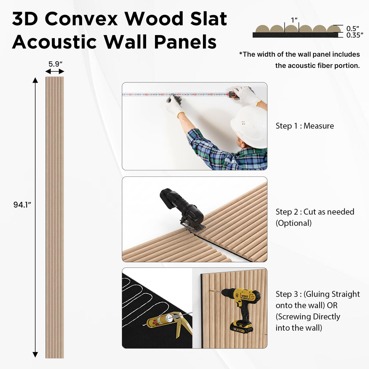 SMARTSTANDARD Wood Fluted Acoustic Wall Panels, 94x5.9in, 6 Pcs, White Oak