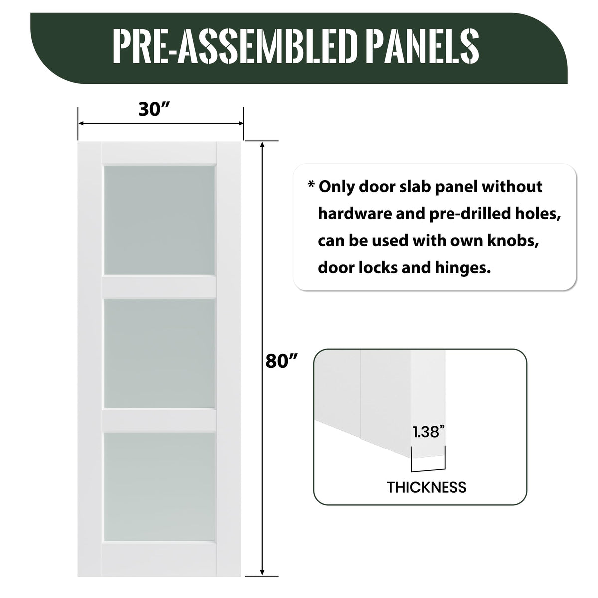 SMARTSTANDARD 30" x 80" Interior Slab Door, Frosted Glass Pantry Door