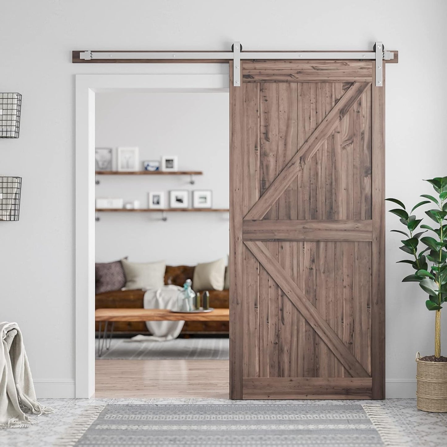 6.6 Feet Brushed Nickel Barn Door Hardware Kit-Heavy Duty Sliding Track-Smoothly and Quietly-Easy to Install-Fit 36"-40" Wide Door Panel (J Shape Hanger)