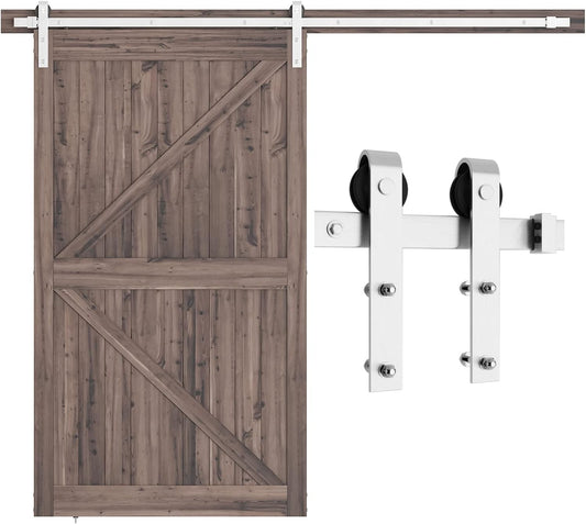 8 Feet Brushed Nickel Barn Hardware Kit-Heavy Duty Sliding Track-Smoothly and Quietly-Easy to Install-Fit 42"-48" Wide Door Panel (J Shape Hanger)