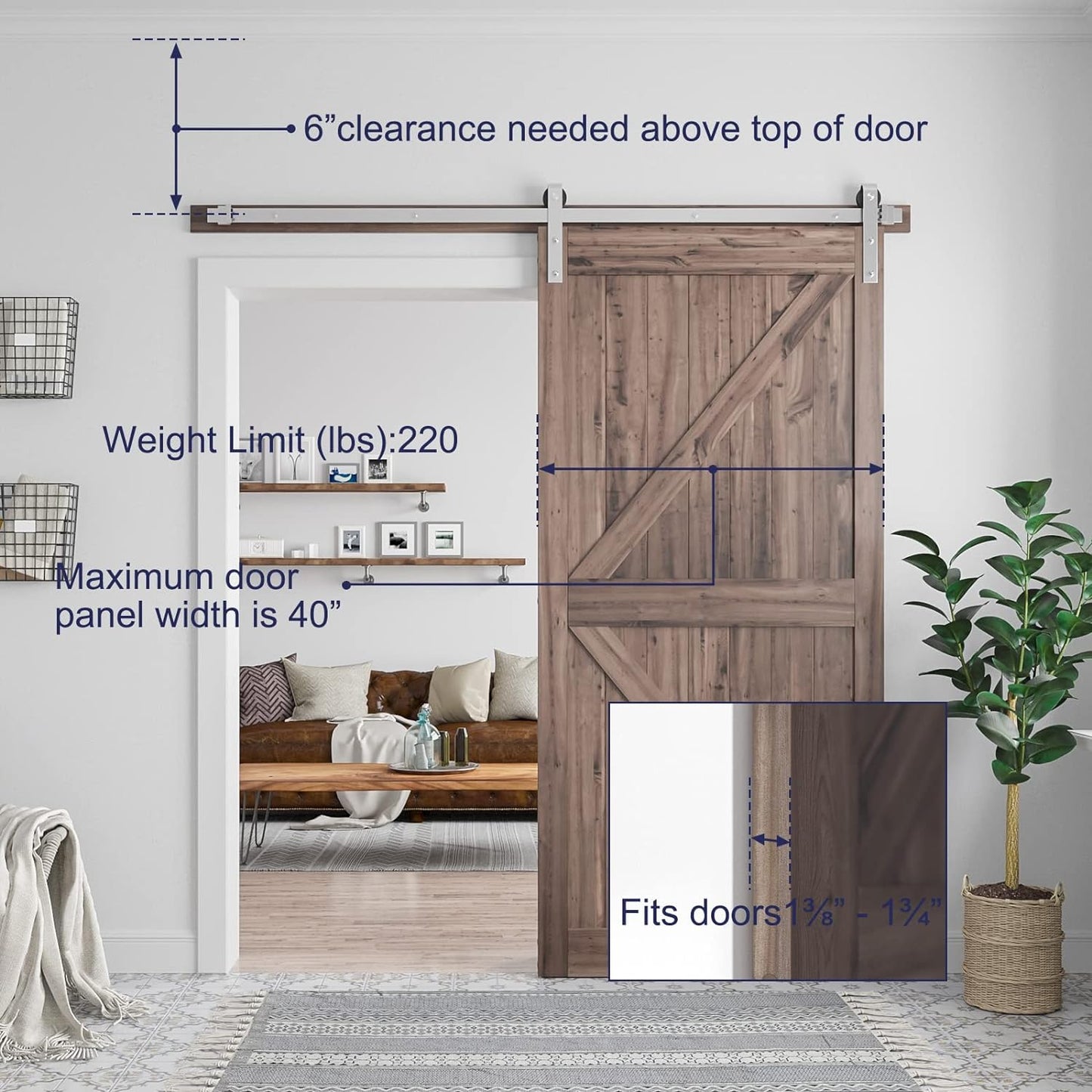 6.6 Feet Brushed Nickel Barn Door Hardware Kit-Heavy Duty Sliding Track-Smoothly and Quietly-Easy to Install-Fit 36"-40" Wide Door Panel (J Shape Hanger)