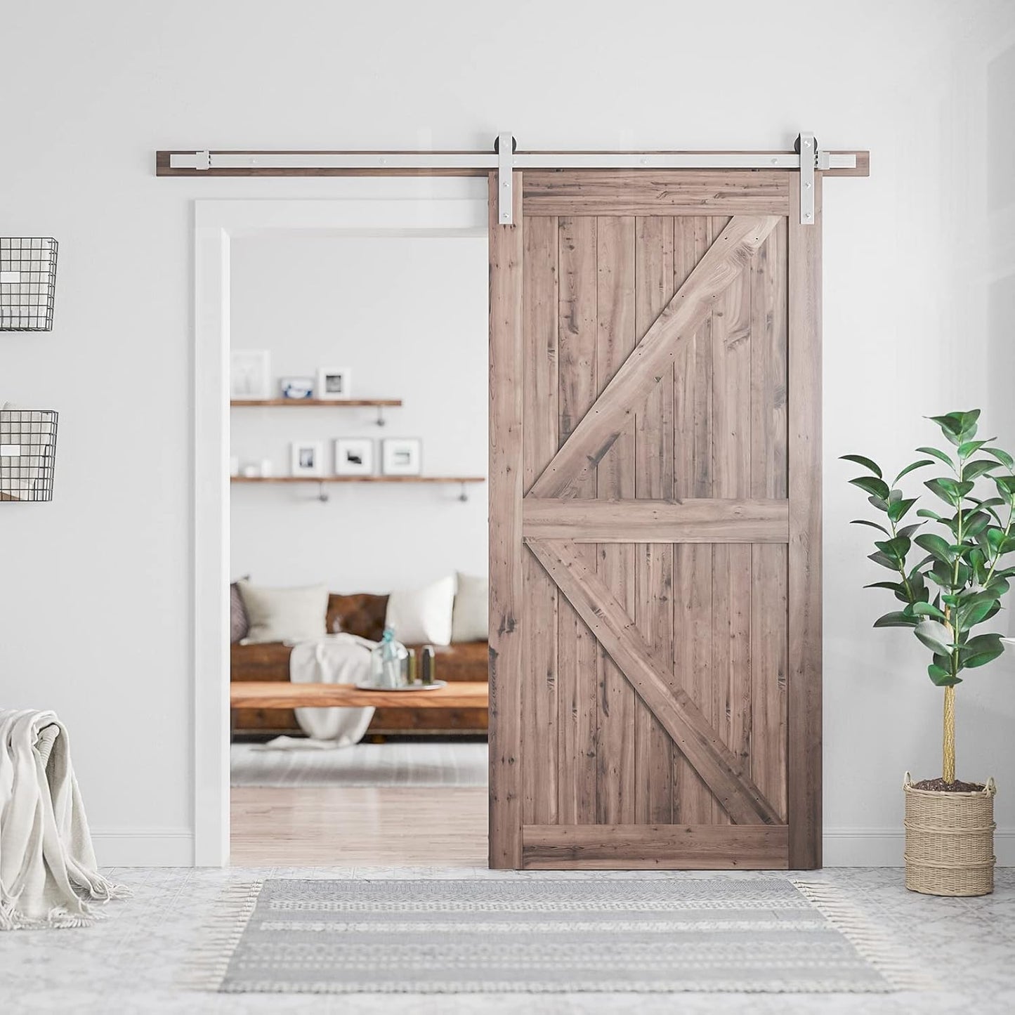 7 Feet Brushed Nickel Barn Door Hardware Kit-Heavy Duty Sliding Track-Smoothly and Quietly-Easy to Install-Fit 42" Wide Door Panel (J Shape Hanger)