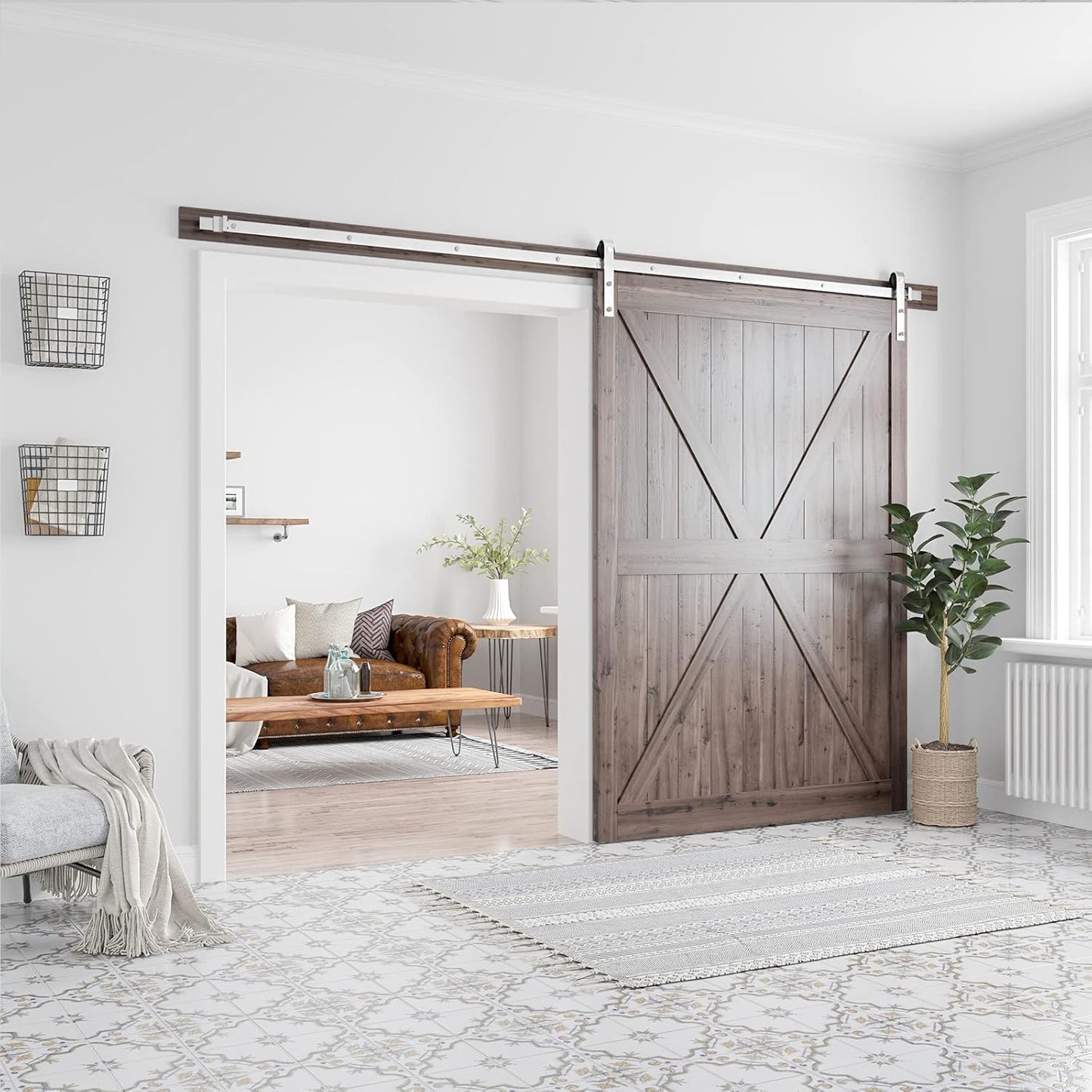SMARTSTANDARD 10 Feet Brushed Nickel Barn Door Hardware Kit-Heavy Duty Sliding Track-Smoothly and Quietly-Easy to Install-Fit 60" Wide Door Panel (J Shape Hanger)